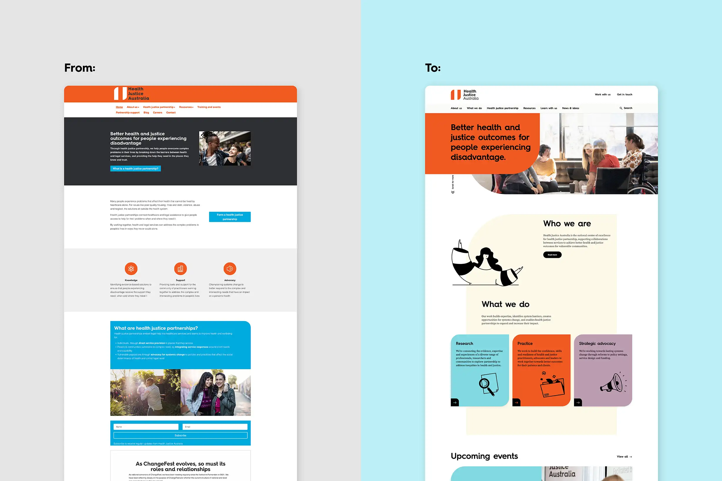 Before-and-after comparison showing the transformation of the Health Justice Australia website into a clearer, more accessible and modern brand experience.