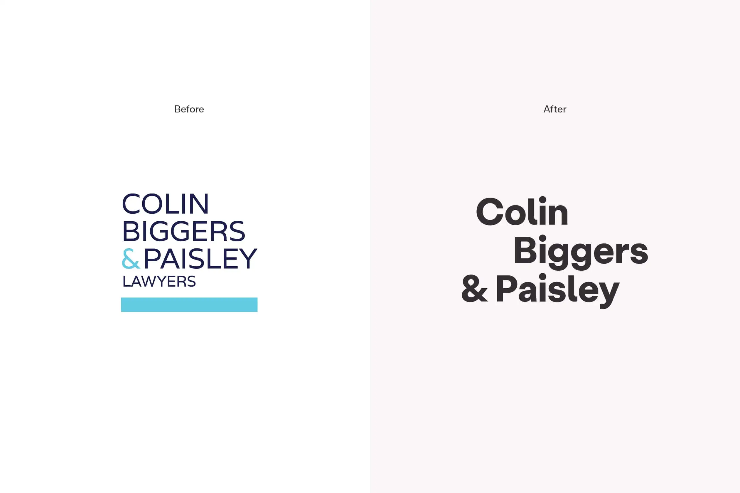 Before-and-after comparison of the Colin Biggers & Paisley logo, showing the old serif blue logotype on the left and the new bold, modern sans-serif wordmark on the right.
