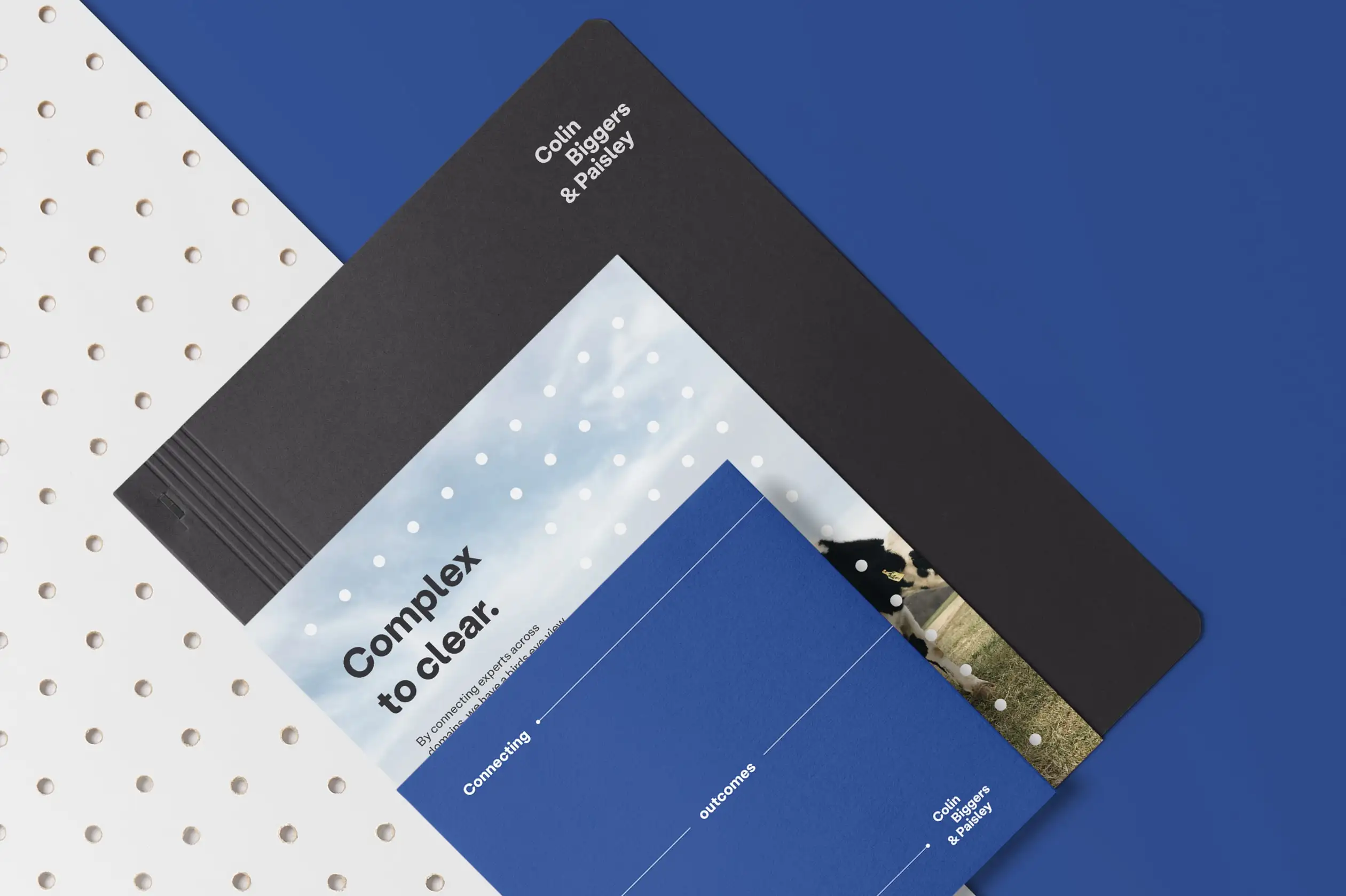 Colin Biggers & Paisley brand collateral laid out on a blue and white dotted background.