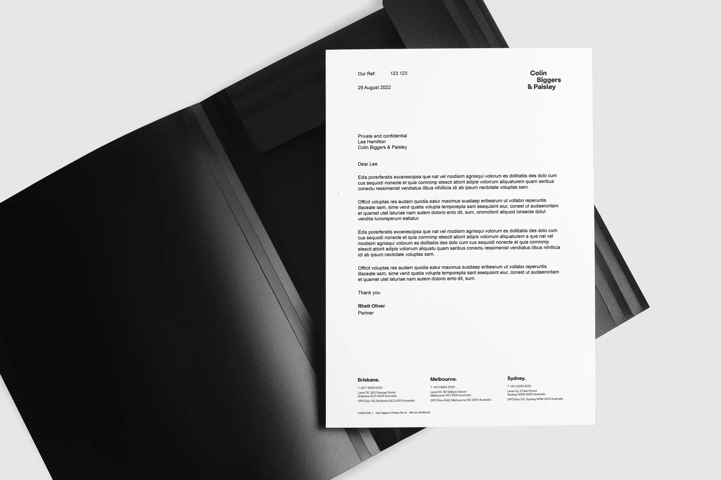 Letterhead on a black folder displaying the Colin Biggers & Paisley brand.
