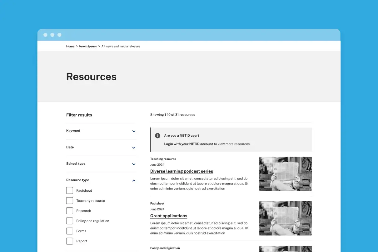 A wireframe of the resources listing page for Catholic Schools NSW displaying filters, teaching resources, factsheets, and login prompt for accessing additional materials.