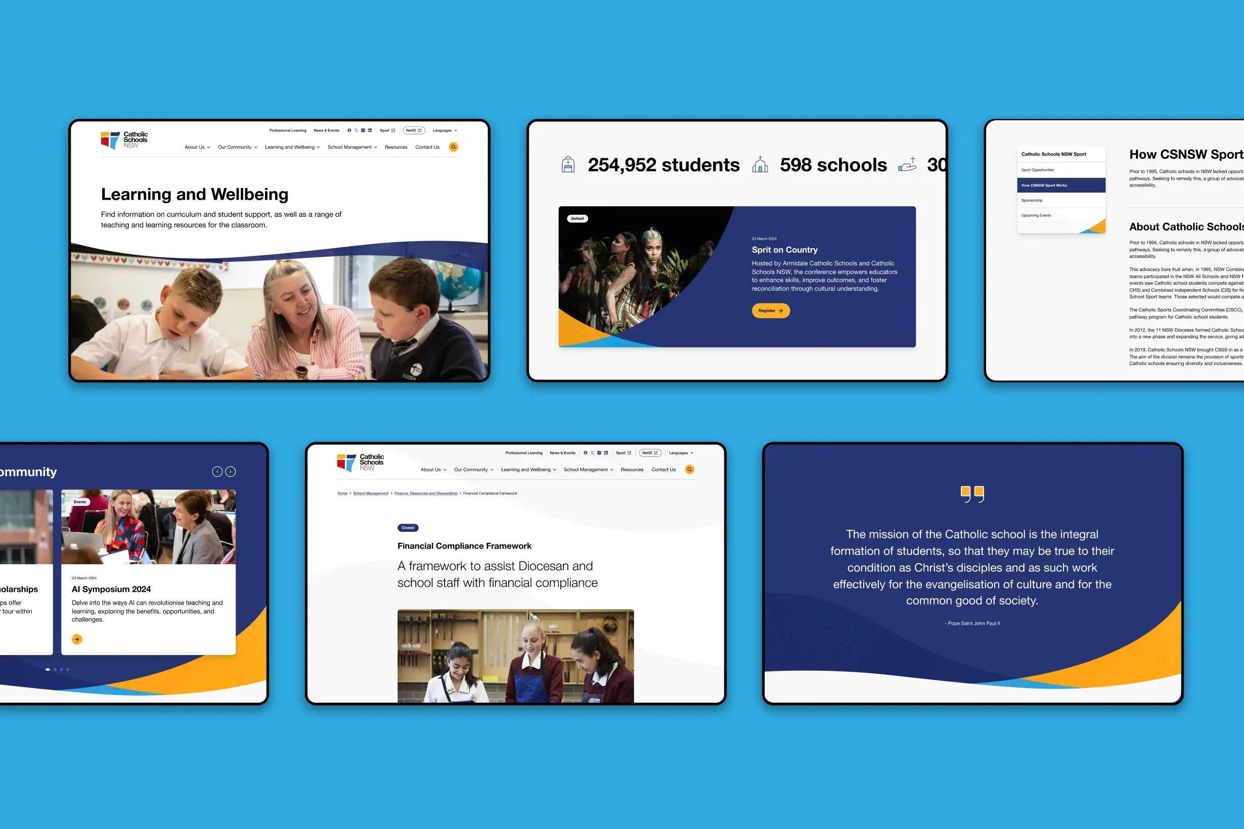 Collage of six Catholic Schools NSW website screens shown on a bright blue background, featuring pages for learning and wellbeing, conference promotion, sports information, community news, financial compliance, and an inspirational mission quote.