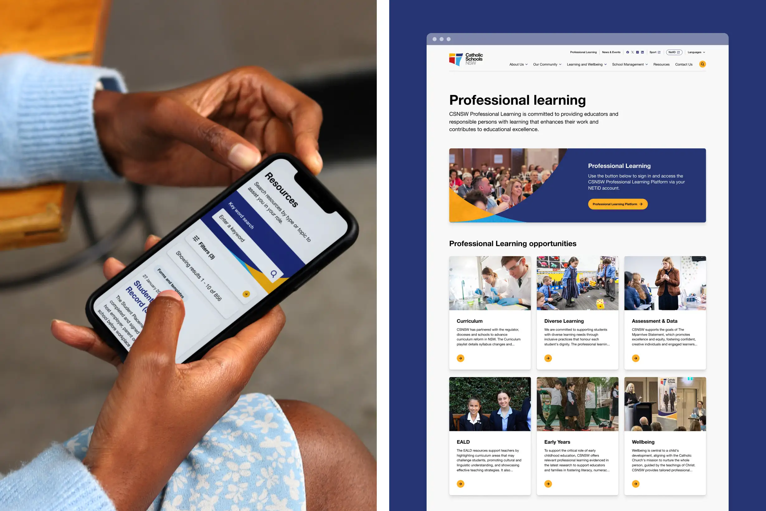 Person browsing Catholic Schools NSW resources on a mobile phone beside a professional learning website shown on a laptop-style screen.