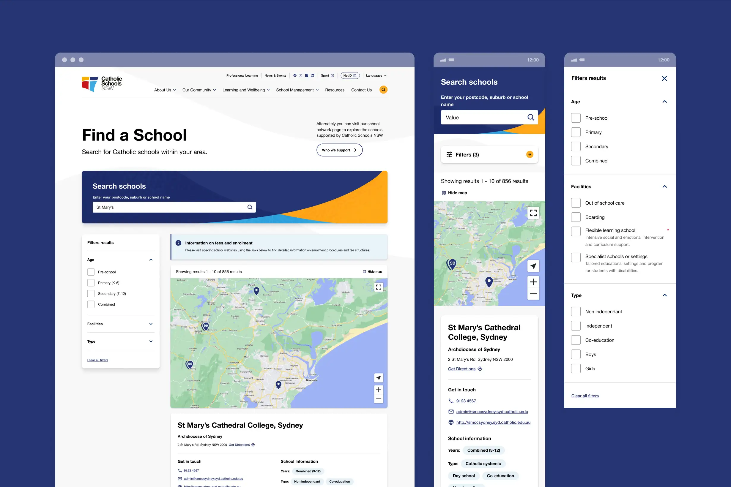 Screens showing the Catholic Schools NSW ‘Find a School’ search tool across desktop and mobile, including filters, map results, and school details.