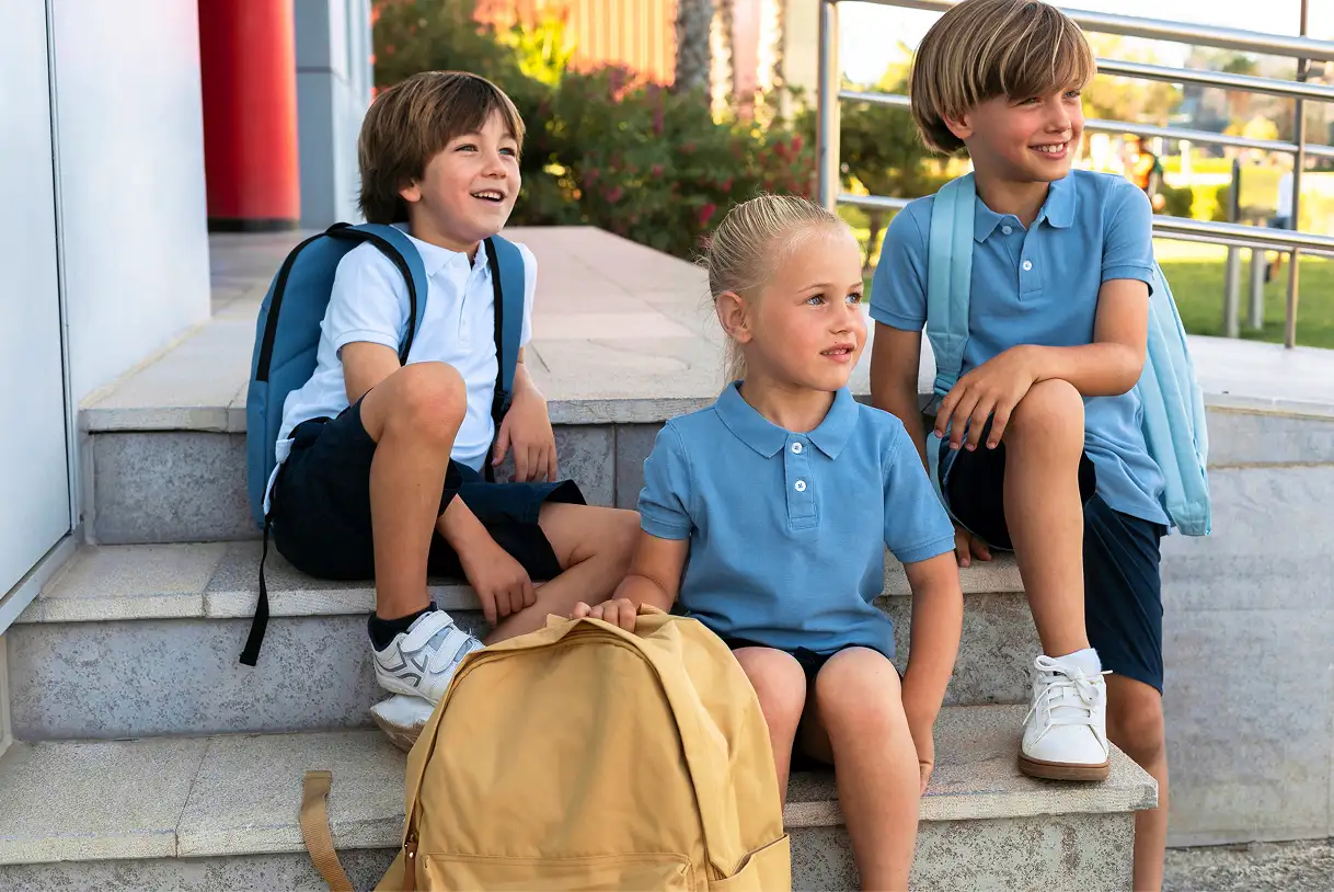 Three young school children in blue uniforms sitting on outdoor steps with backpacks, smiling and talking together.