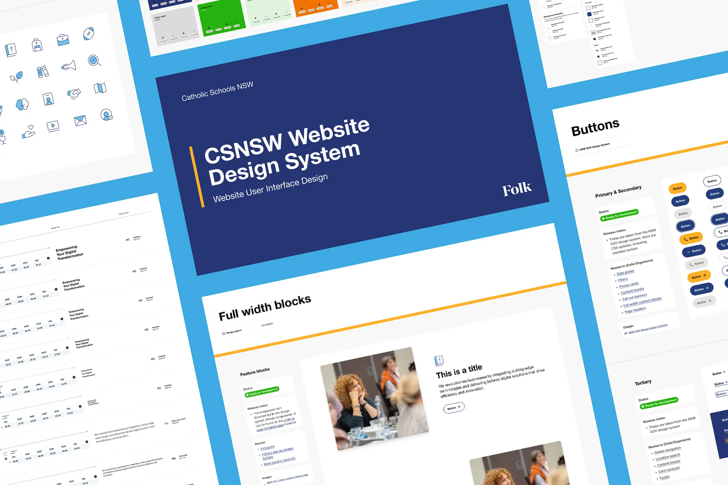 A collage of UI design system screens for Catholic Schools NSW, featuring interface elements such as icons, colour palettes, typography samples, button styles, layout blocks, and a large central panel titled CSNSW Website Design System.