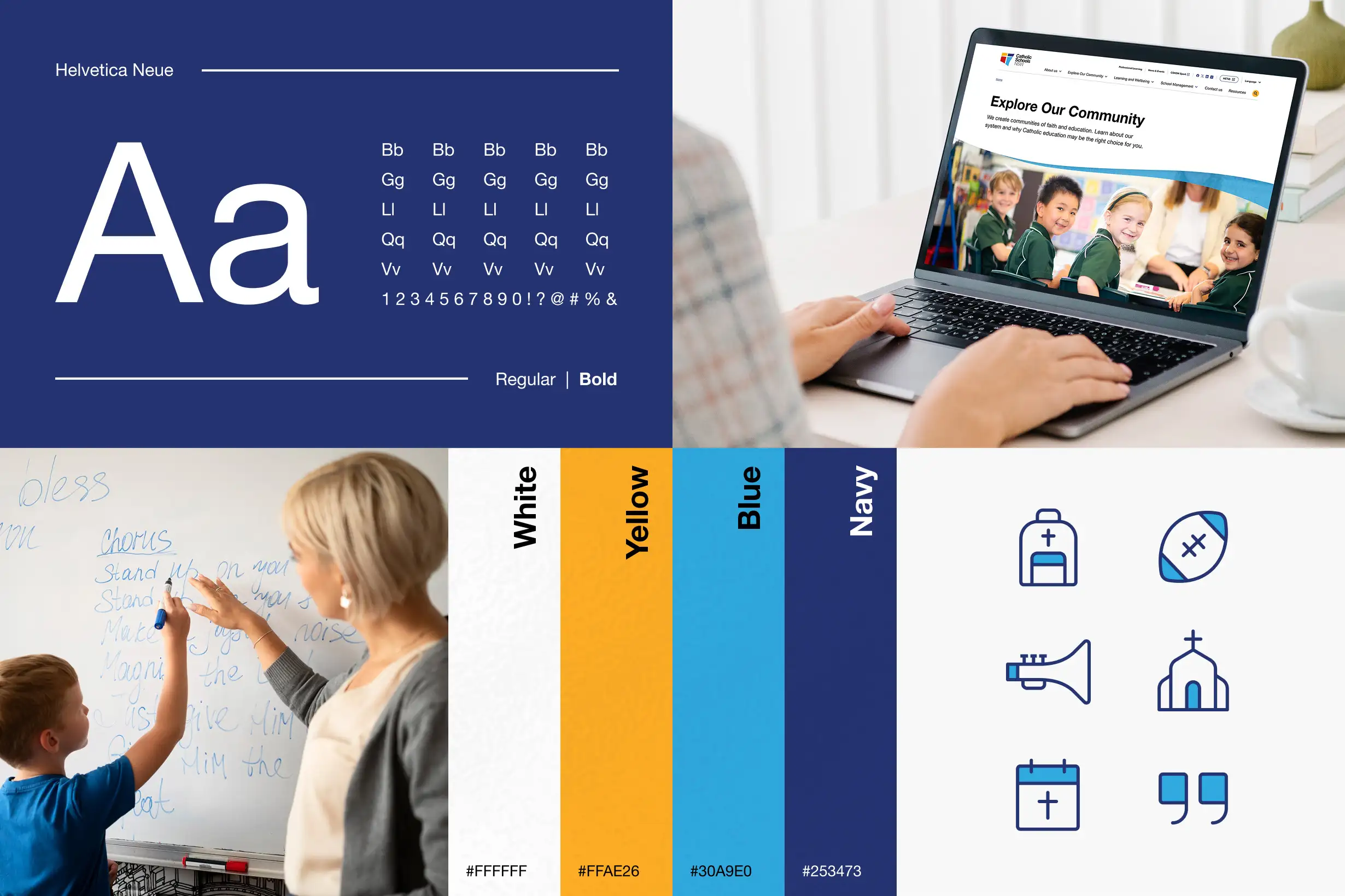 Brand style guide showing Helvetica Neue typography samples, a laptop displaying a school website, a teacher helping a student at a whiteboard, four brand colour swatches labelled White, Yellow, Blue and Navy with hex codes, and six blue line-style icons related to schooling and faith.