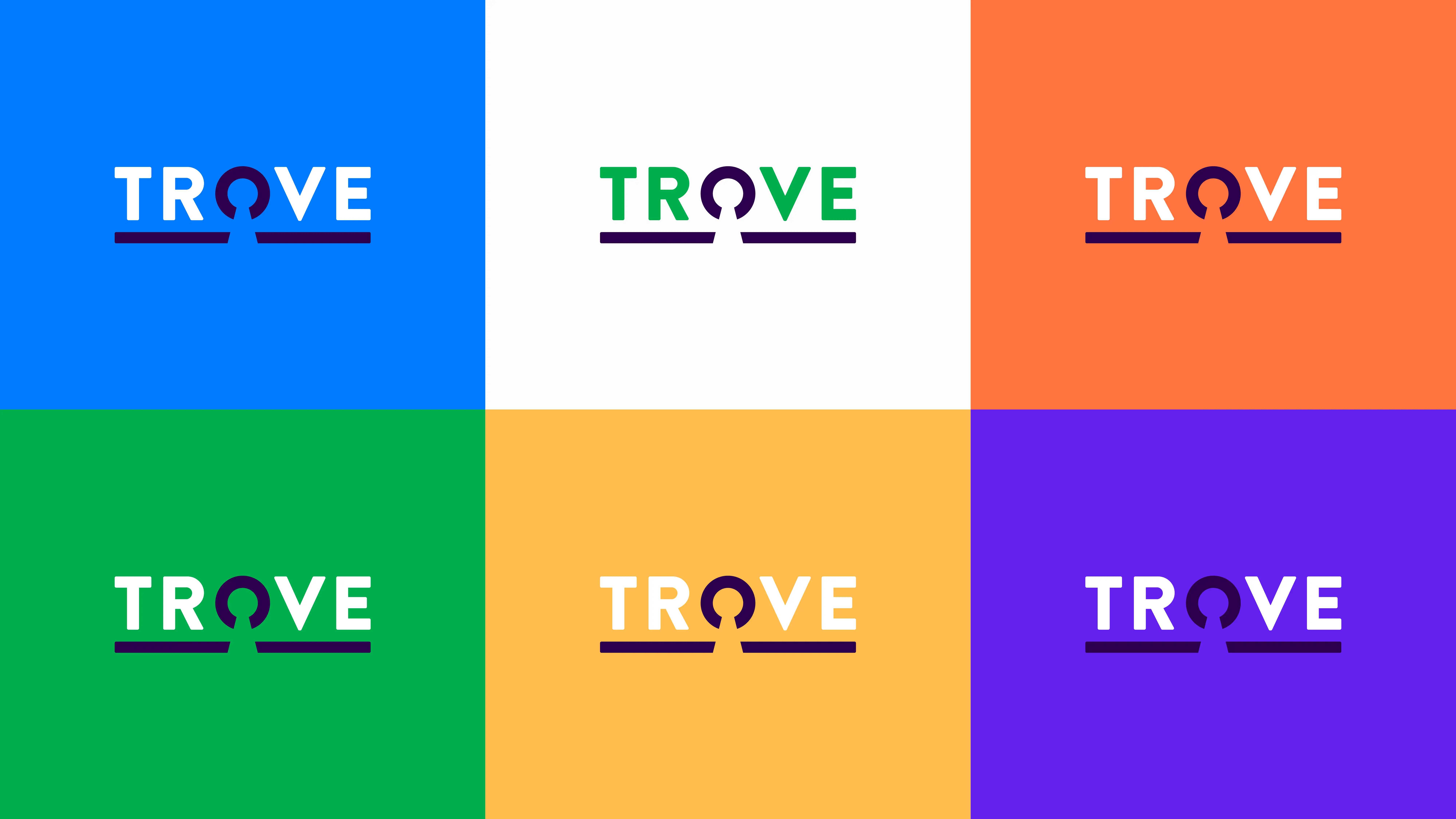 Six variations of the Trove logo displayed across a grid of bright background colours including blue, green, orange, yellow and purple.