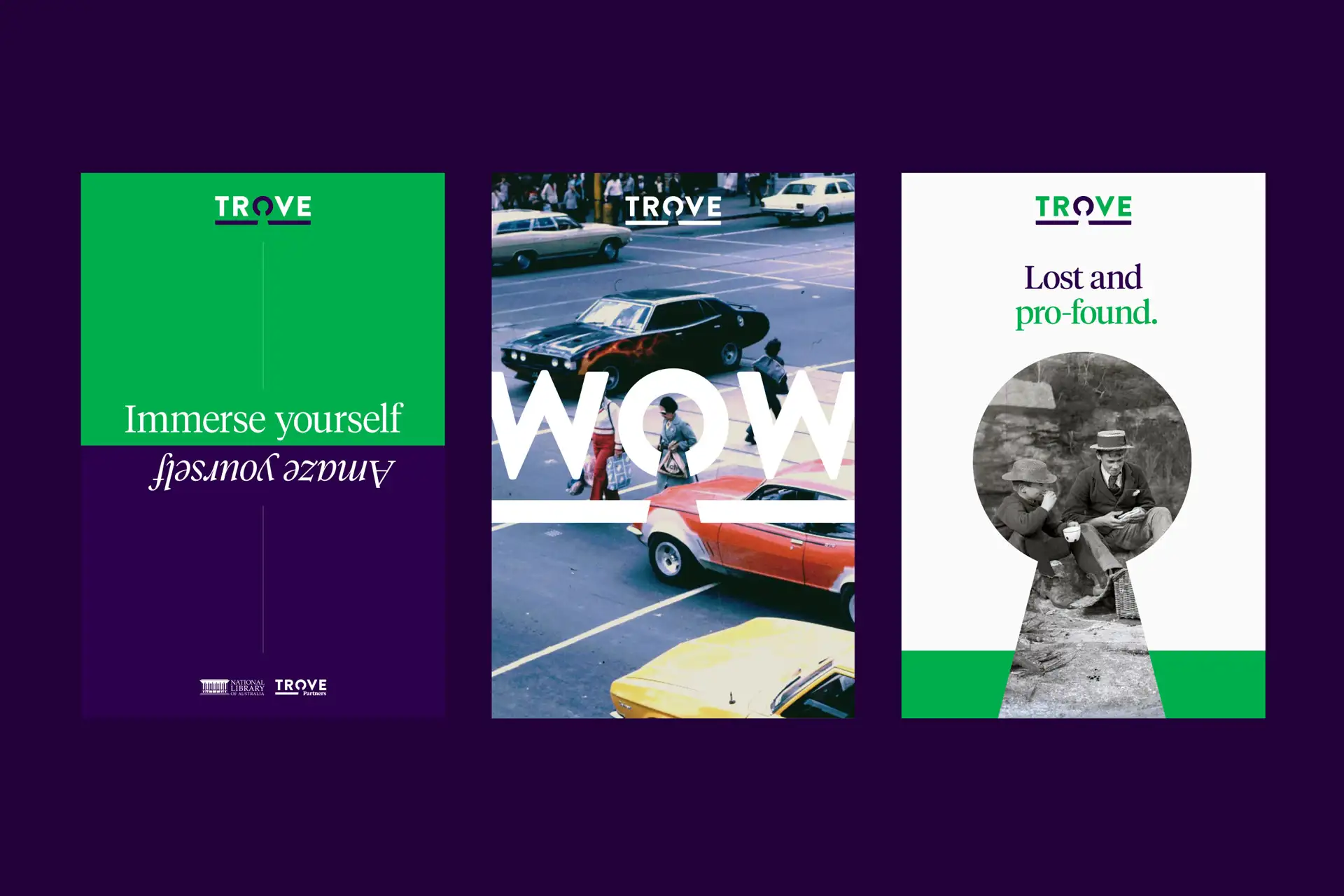 Series of three Trove campaign posters.
