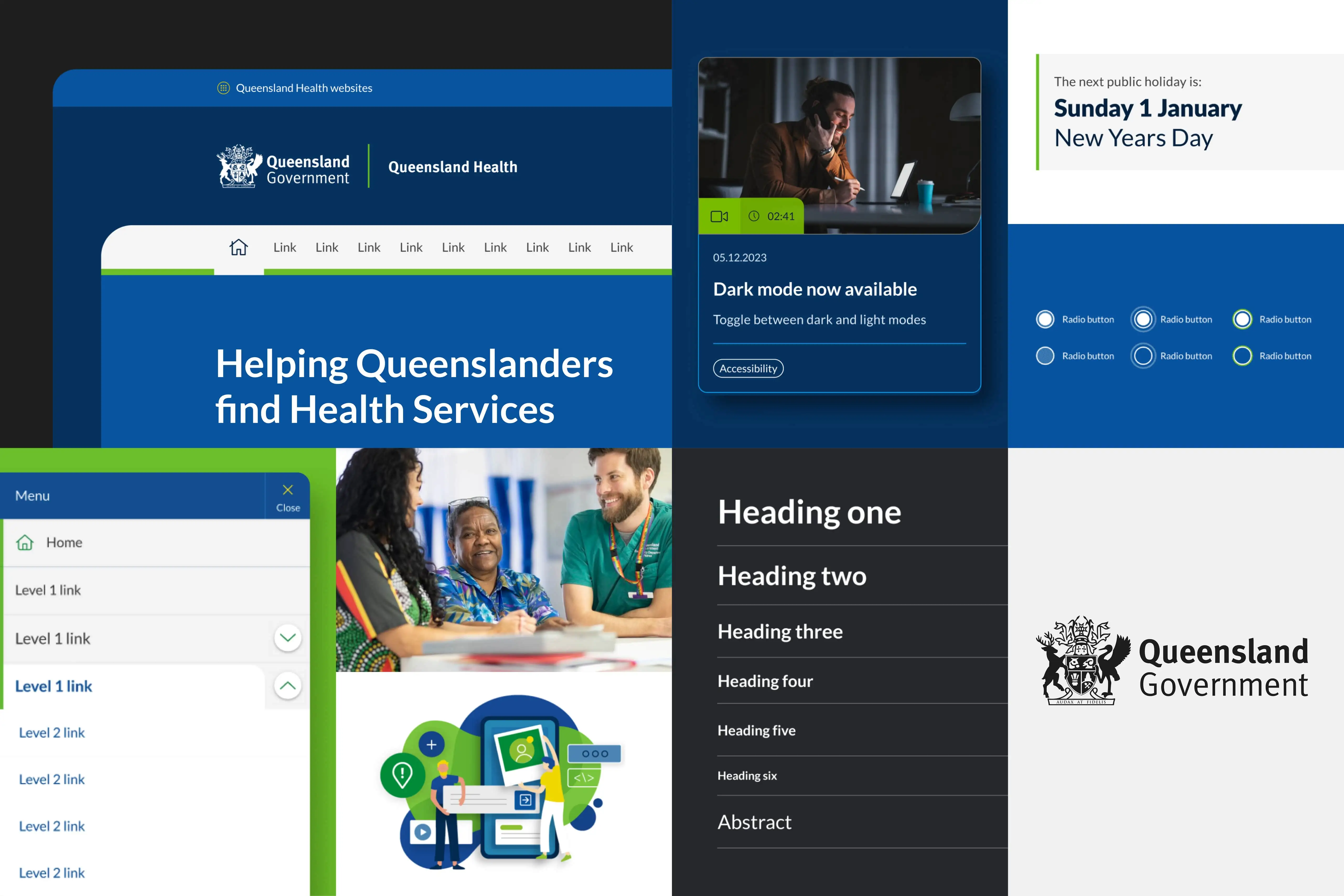 A collage of Queensland Health user interface elements including menus, hero banners, typography styles, cards, and accessibility features.