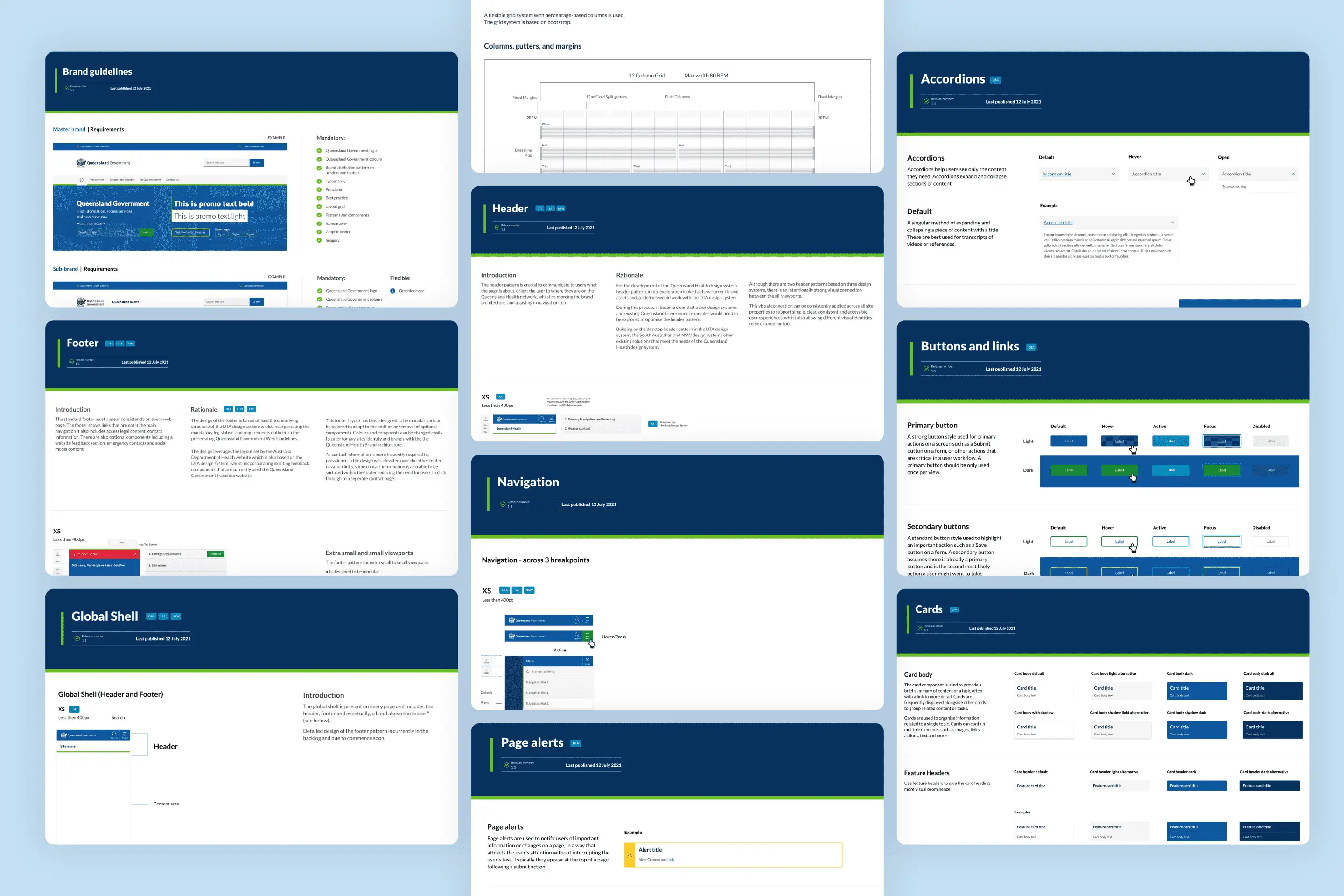 A collection of design system documentation screens illustrating components.