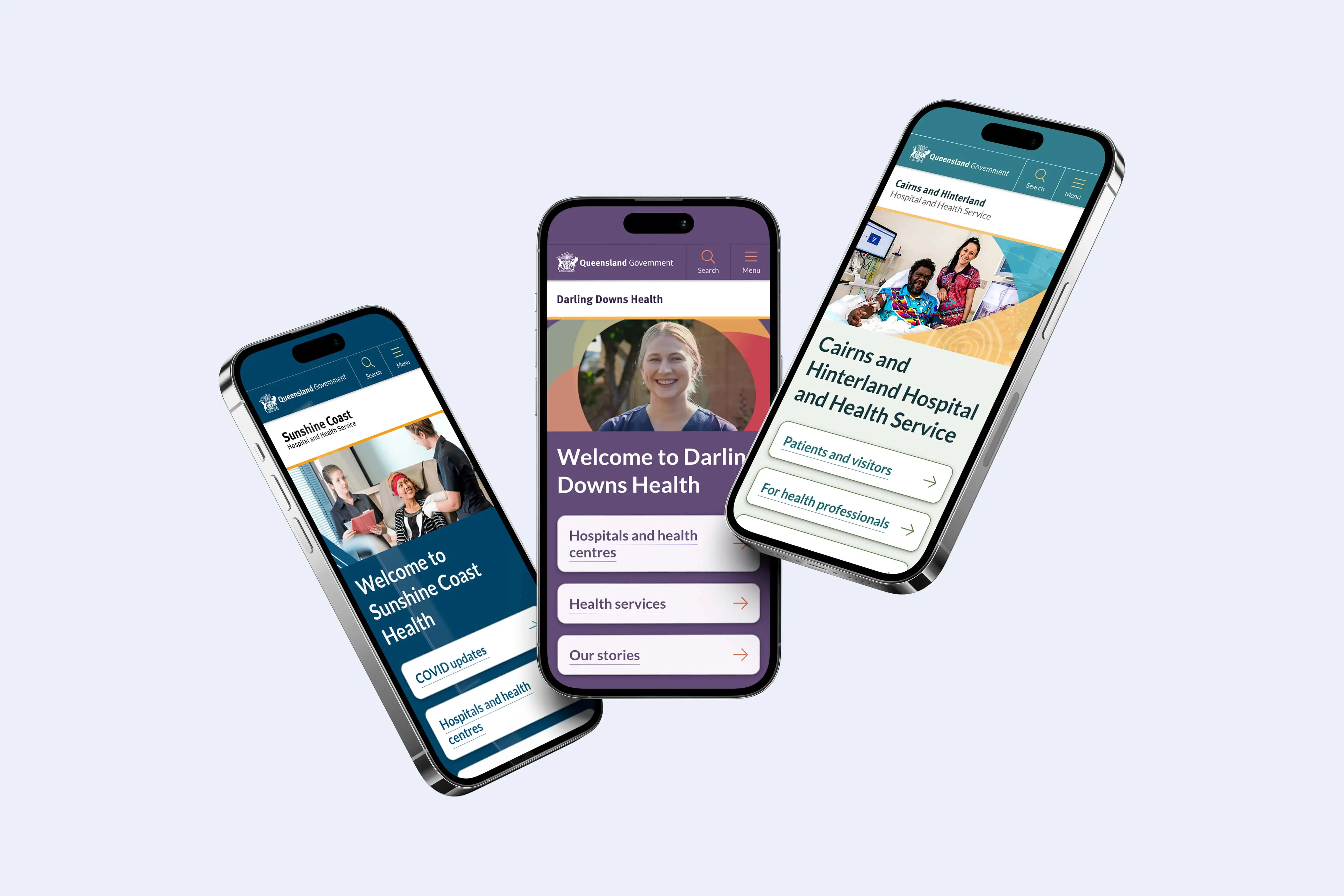 Three smartphones displaying mobile versions of several Queensland Health HHS websites, highlighting responsive layouts and simplified navigation.
