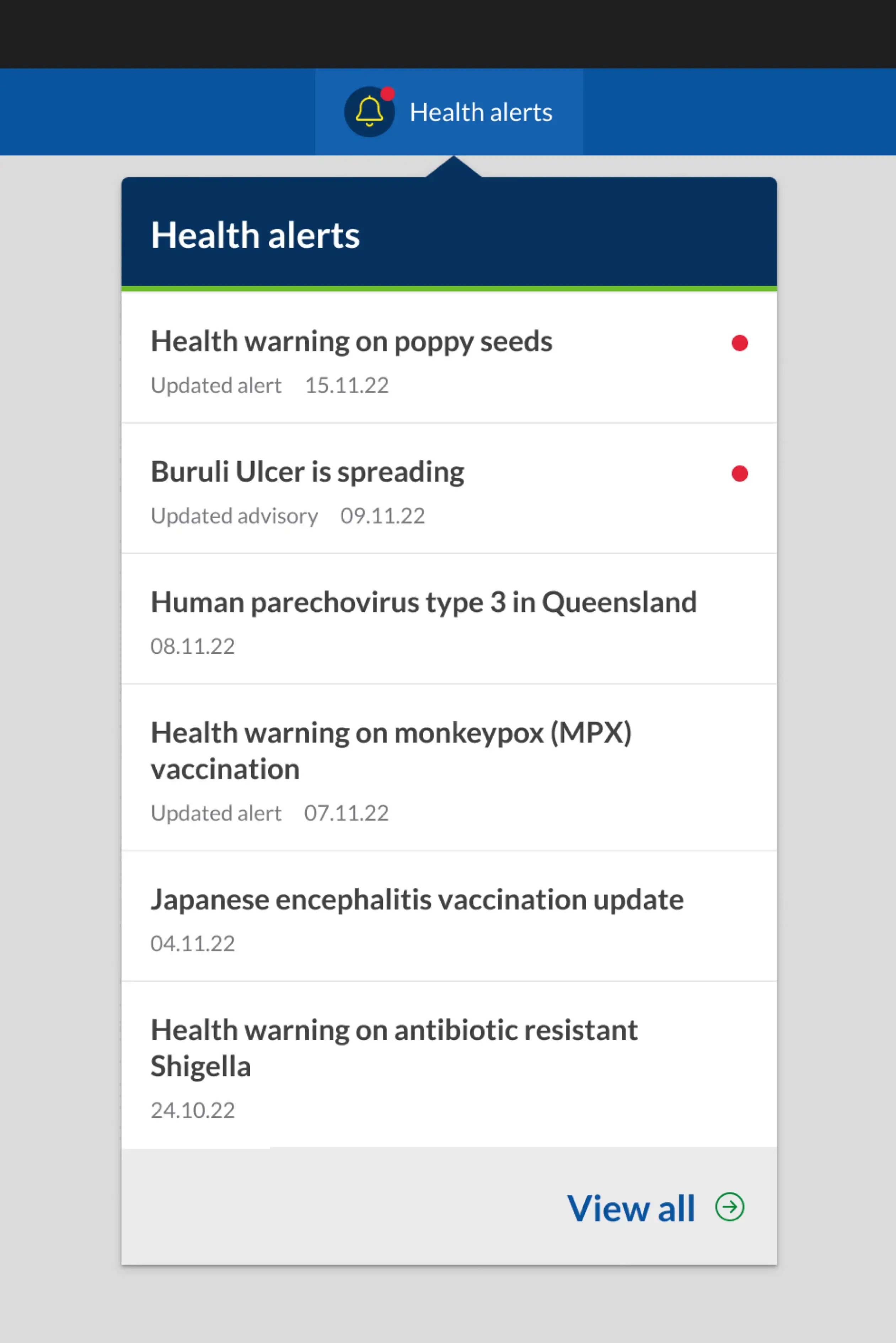 Close-up of the Queensland Health alerts interface showing a list of recent health warnings with status indicators and update dates.