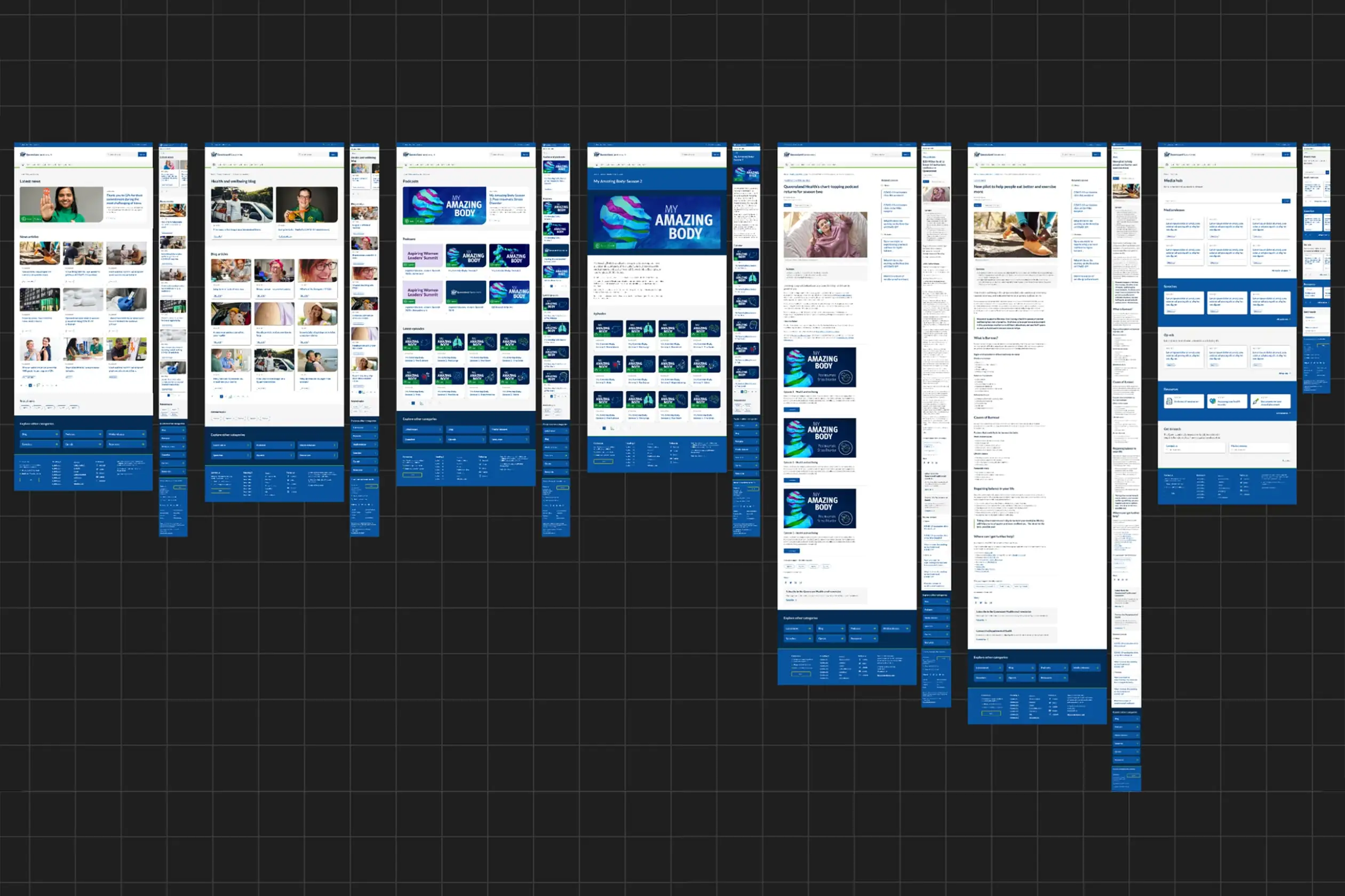 A series of Queensland Health webpage mockups arranged on a dark grid, showing redesigned page templates for articles, campaigns and service navigation.