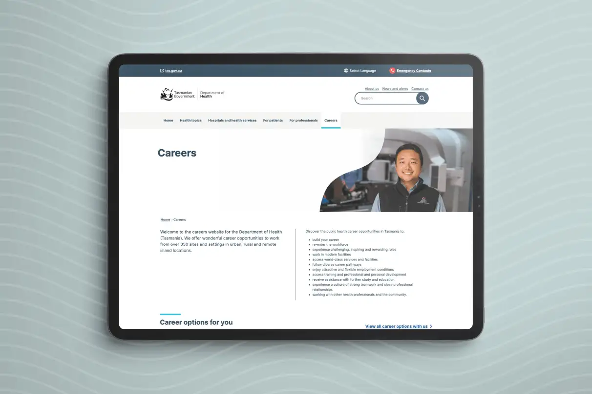 Tablet displaying Tasmanian Government Department of Health careers webpage.