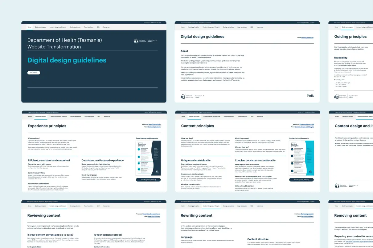 Screenshots of the Department of Health Tasmania's digital design guidelines website showing sections on design principles, content principles, experience principles, content design, reviewing, rewriting, and removing content.