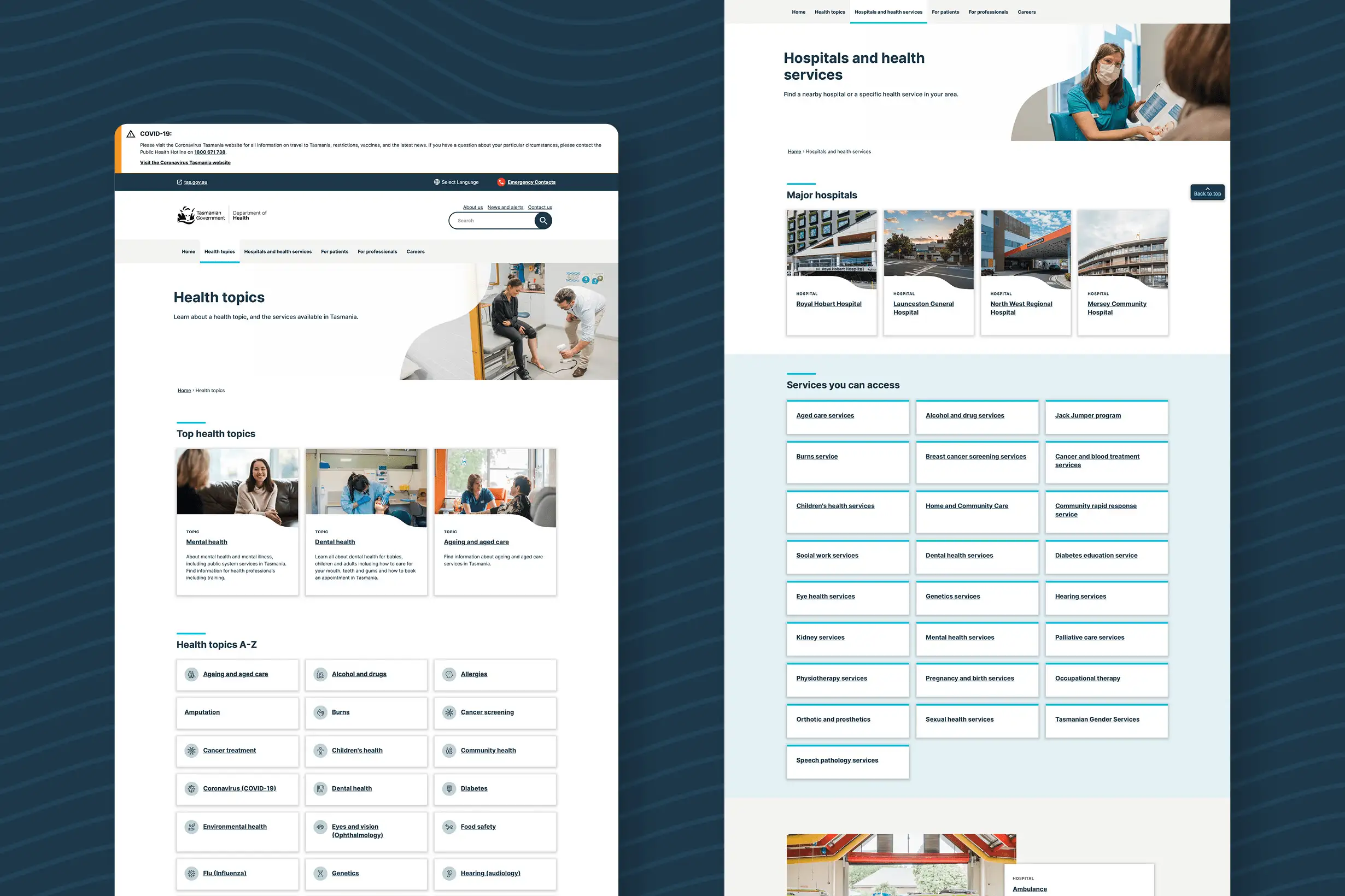 Website pages showing Tasmania health topics and hospitals with top health topics, hospitals, and accessible health services listed.