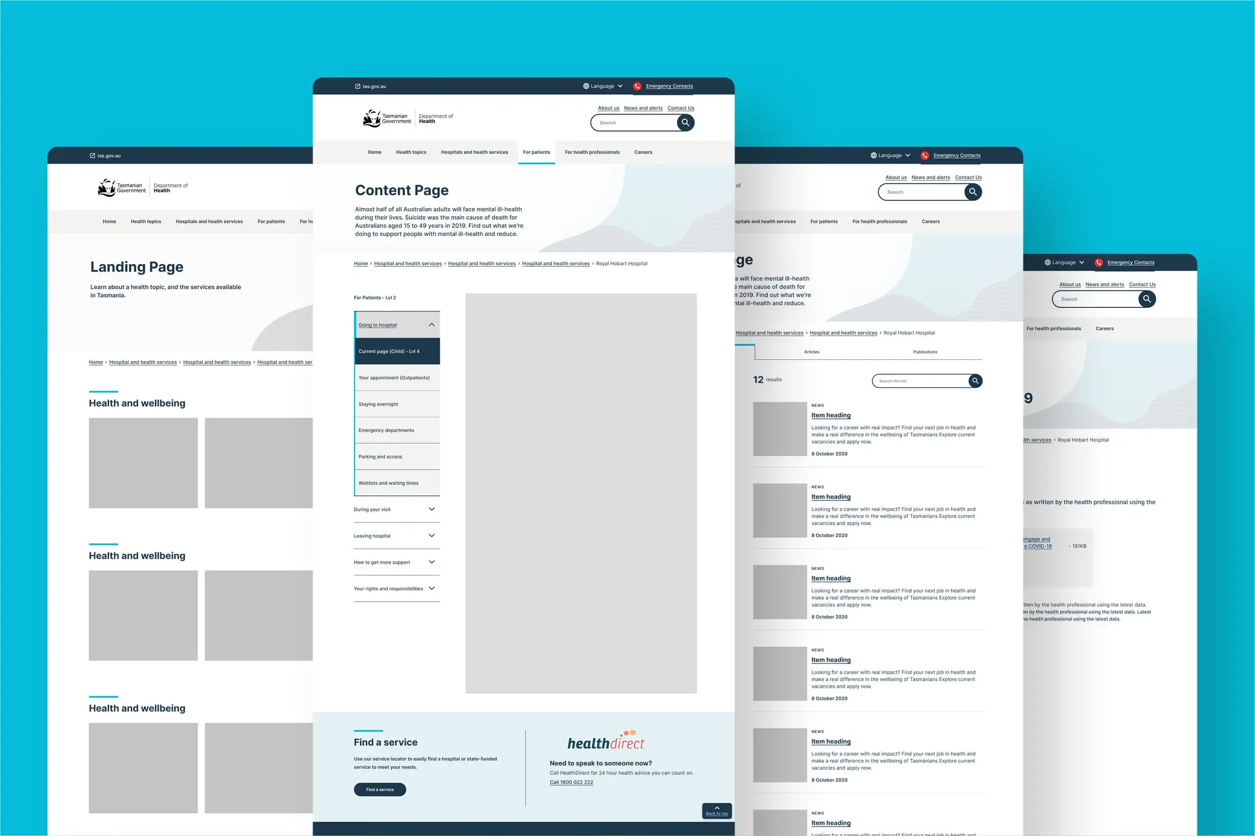 Multiple overlapping web pages of Tasmanian Government Department of Health website showing sections for health topics, patient information, and health services navigation.