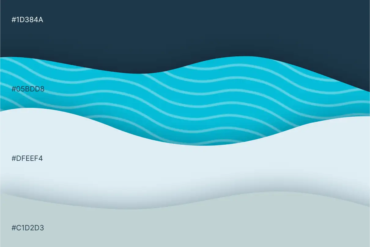 Abstract layered waves in dark blue, teal with stripes, light blue, and pale gray, each labeled with its hex color code.