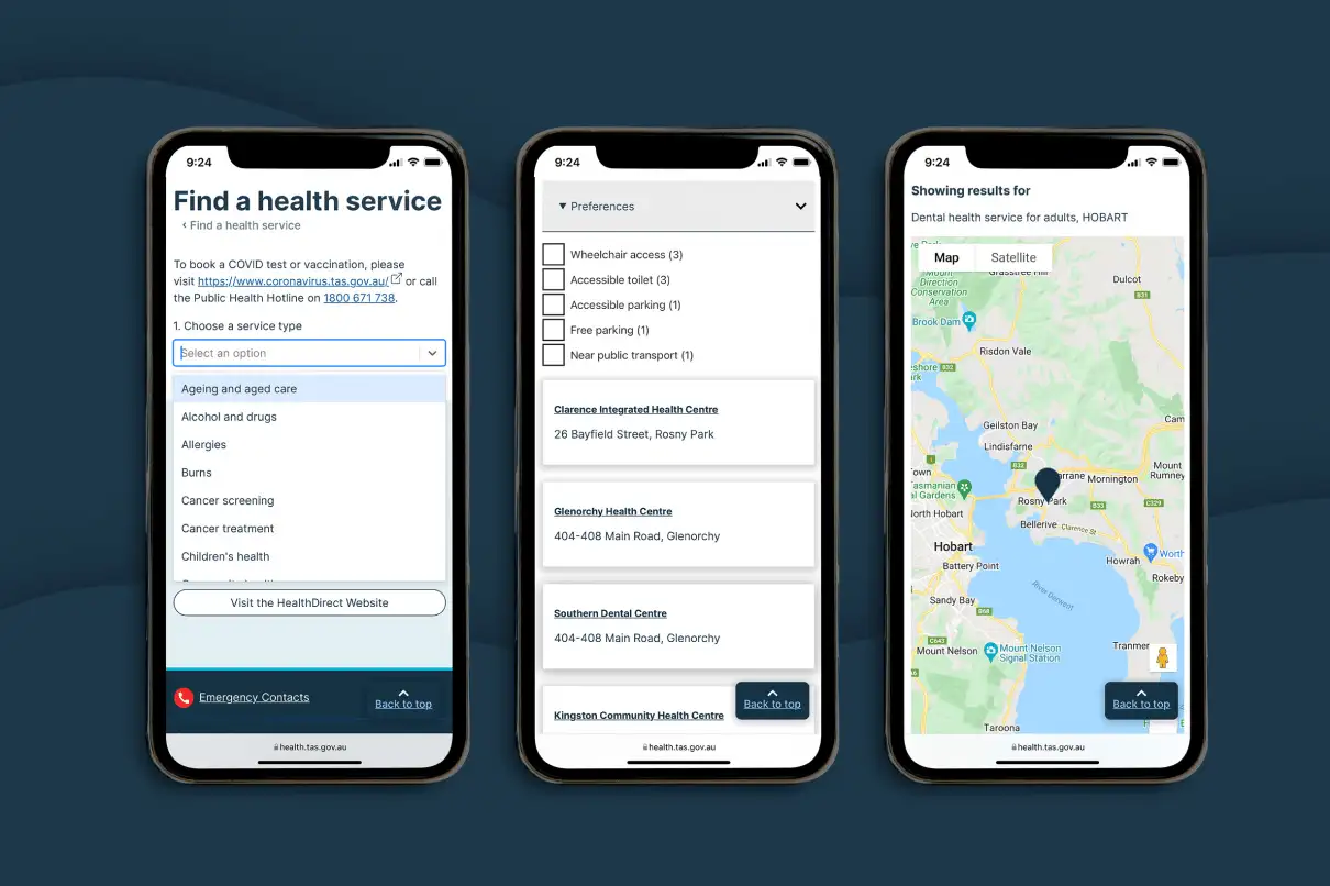 Three smartphones display screenshots of a health service app.
