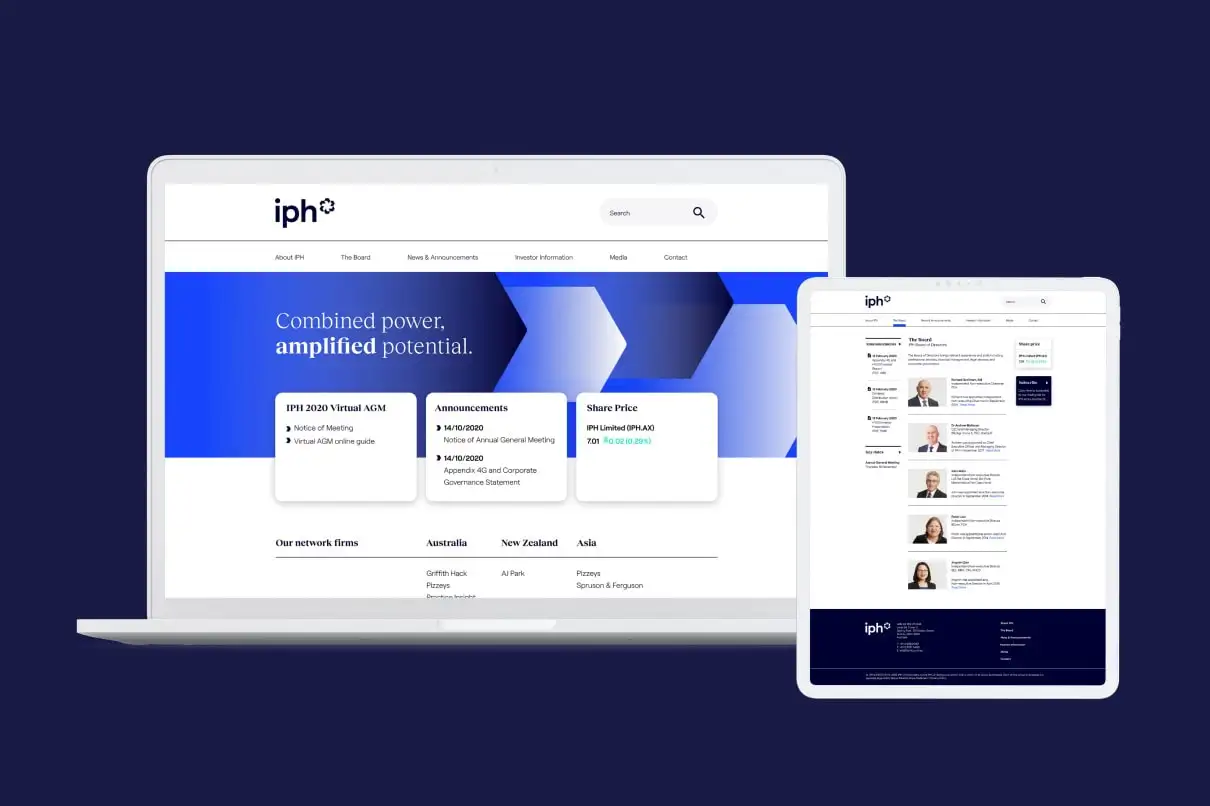 IPH’s refreshed digital platform showing the updated website and board pages across desktop and tablet.