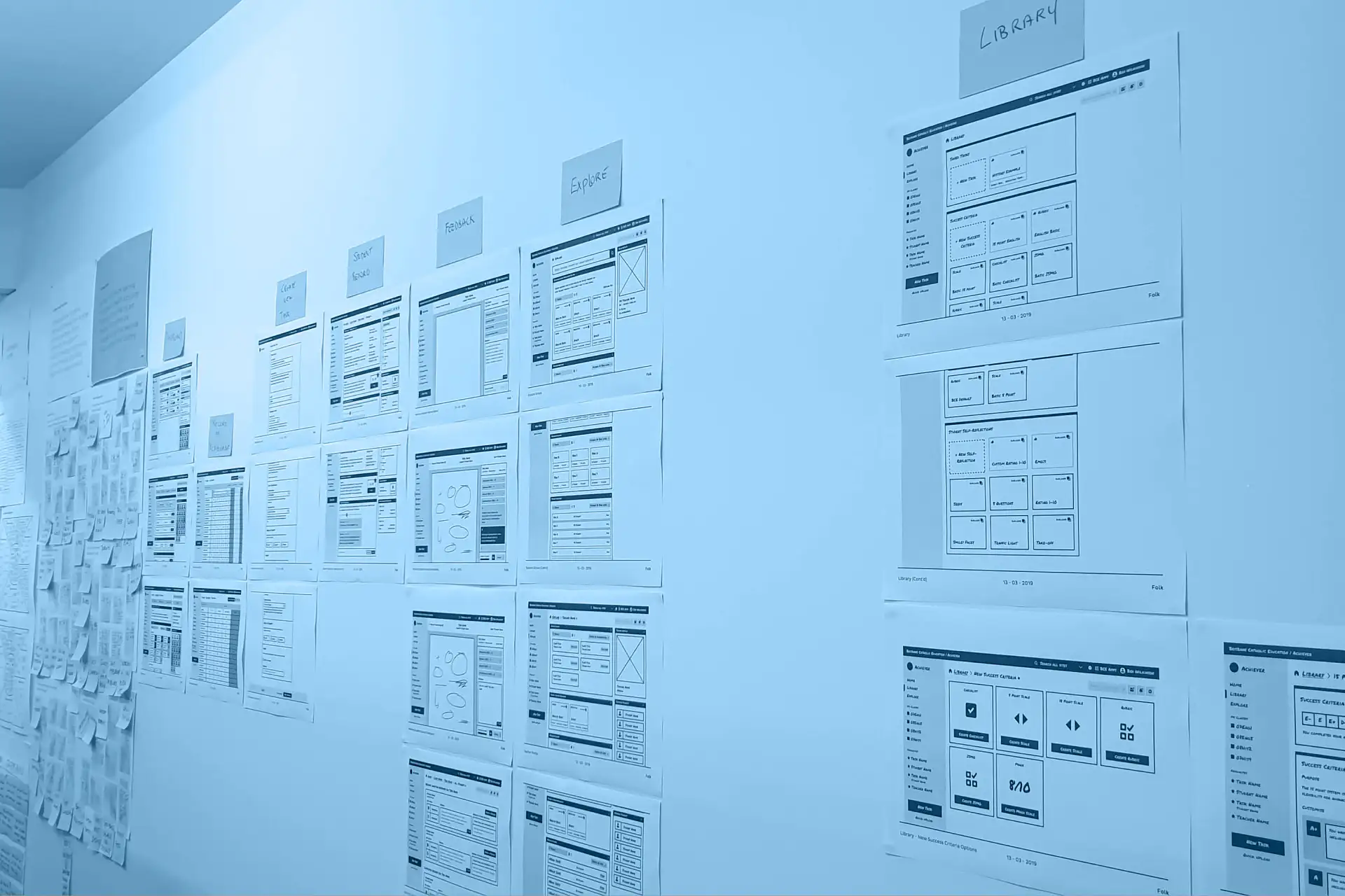 A long wall displaying multiple printed UI wireframes and labelled sections for a digital product layout.