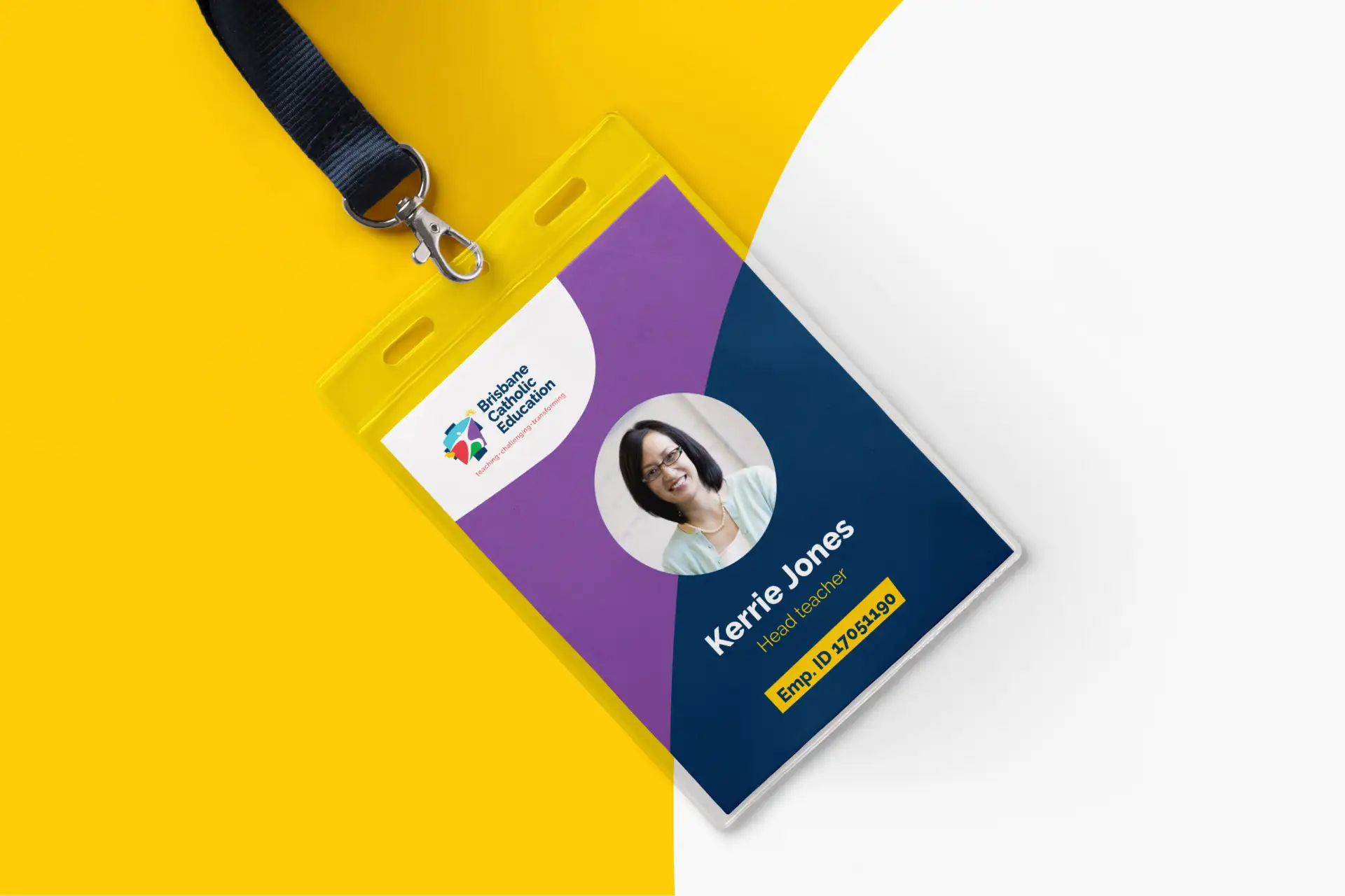 Brisbane Catholic Education ID badge for Kerrie Jones displayed on a yellow and white background.