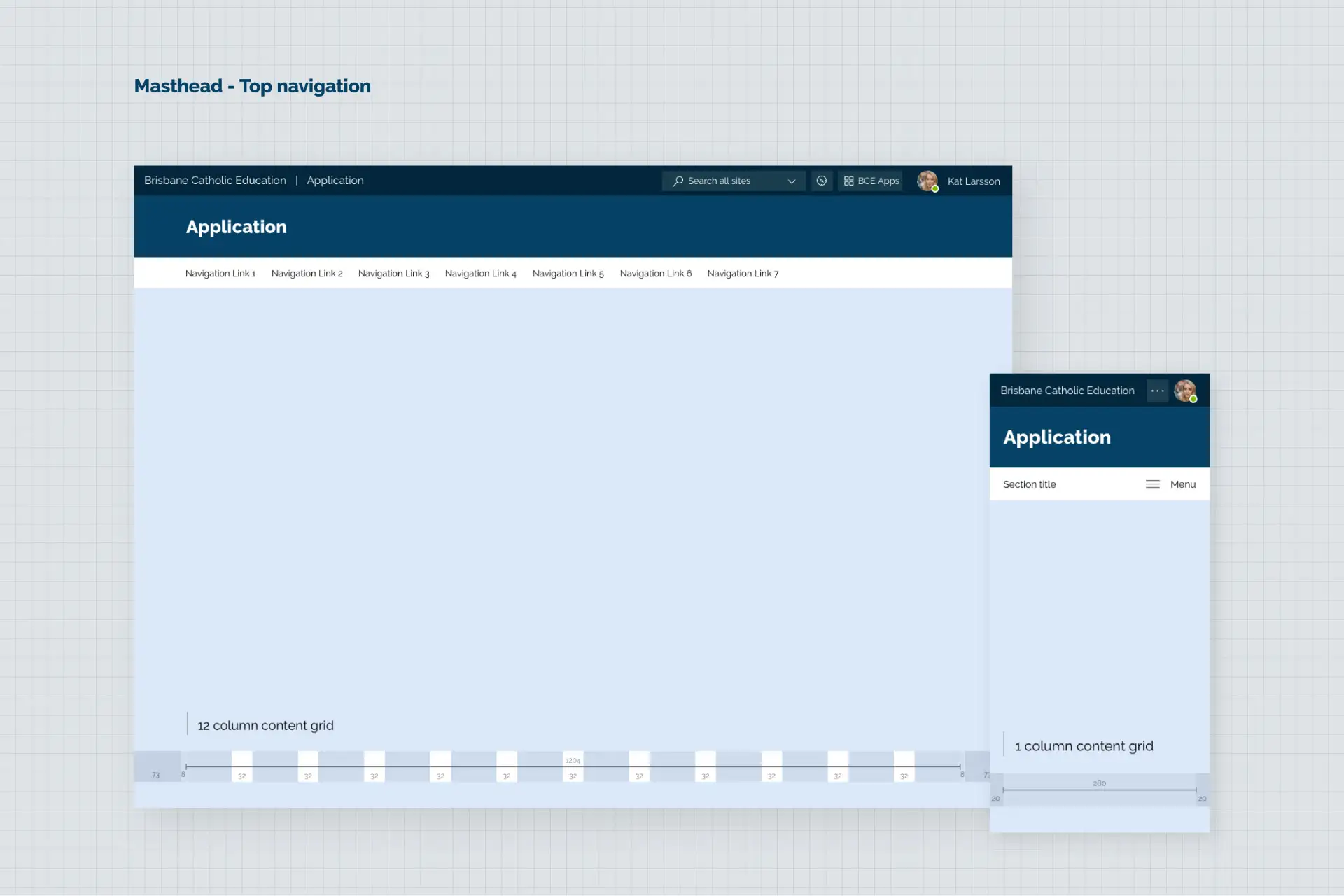 Interface layout showing a wide desktop and mobile example of a top-navigation masthead with a 12-column and 1-column content grid.
