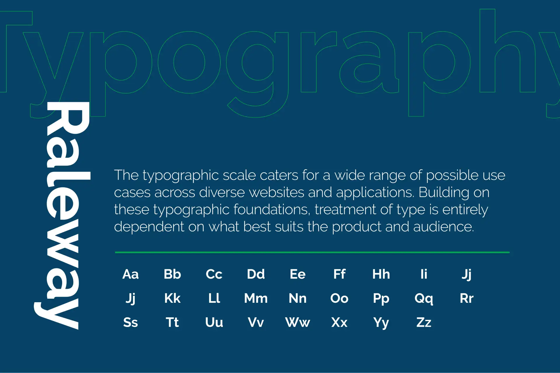 Typography showcase displaying the Raleway typeface, a paragraph about typographic scale, and the full alphabet set in upper and lowercase.