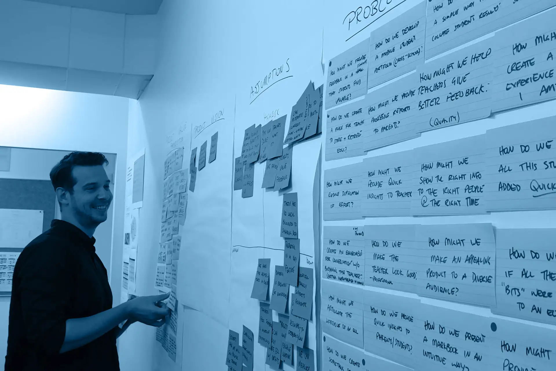 Man standing beside a wall covered in handwritten notes and sticky tabs used for problem-solving and planning.