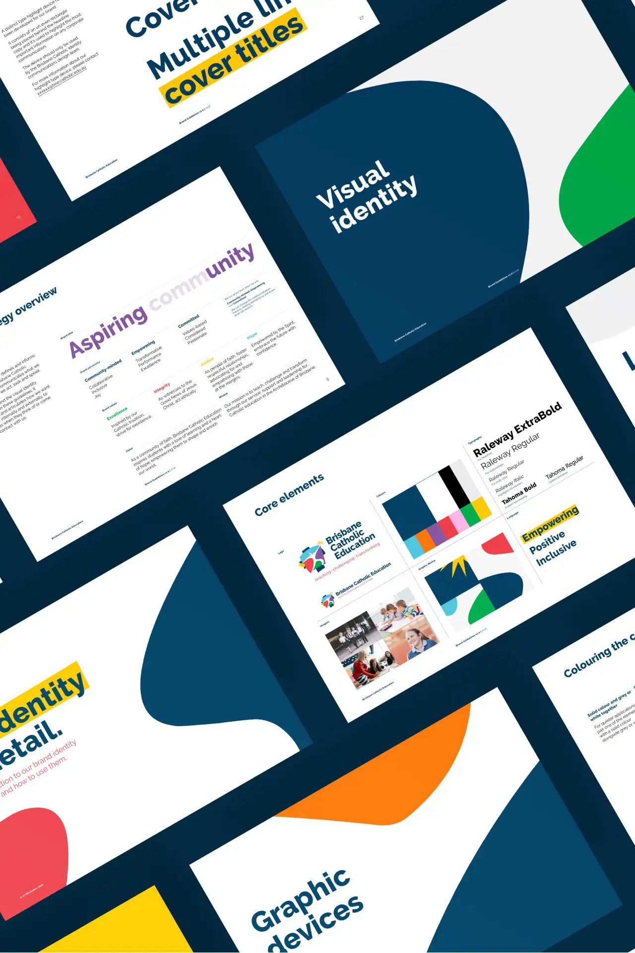 Overhead view of brand guideline slides showing visual identity, typography, and graphic elements.
