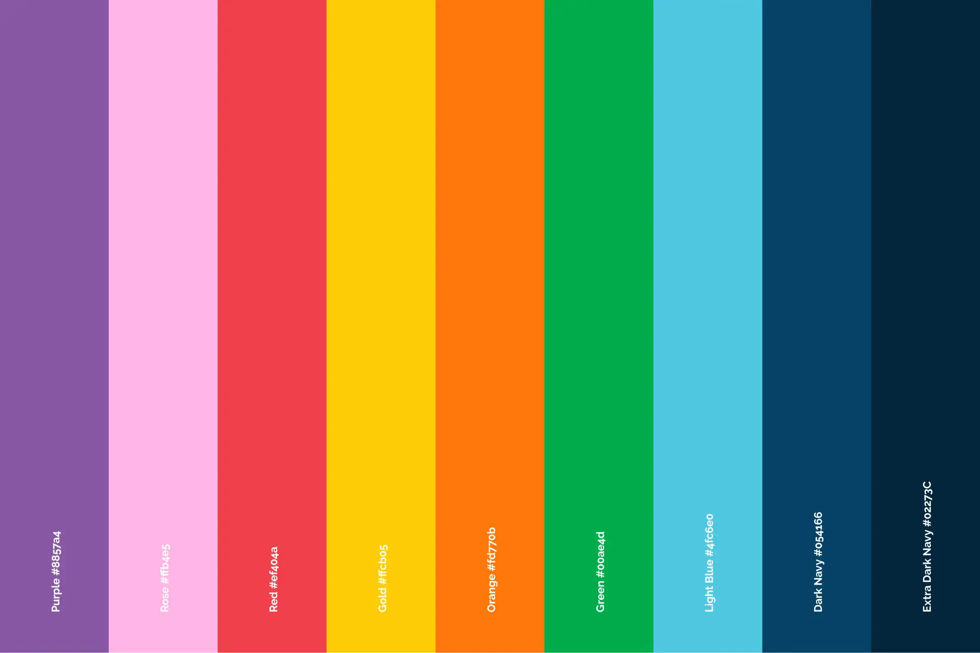Vertical colour palette swatches for a UI system including purple, rose, red, gold, orange, green, light blue, dark navy and extra dark navy with hex codes.