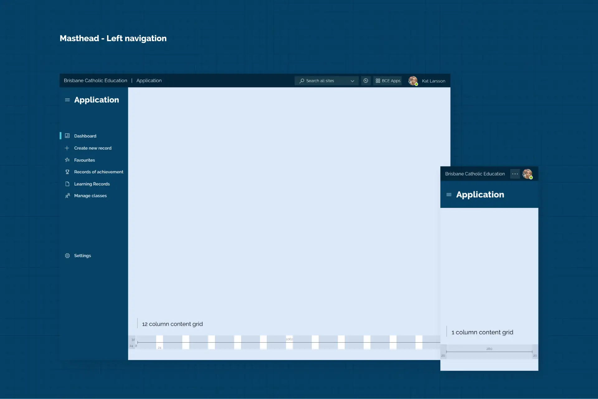 Interface layout showing a wide desktop and narrow mobile example of a left-navigation masthead with a 12-column and 1-column content grid.