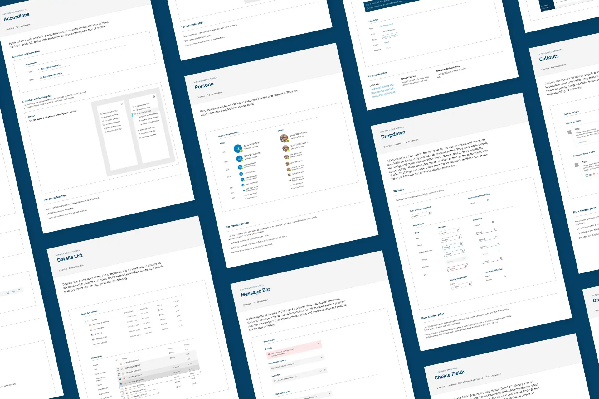 Multiple design system documentation pages arranged diagonally, including components and UI patterns.