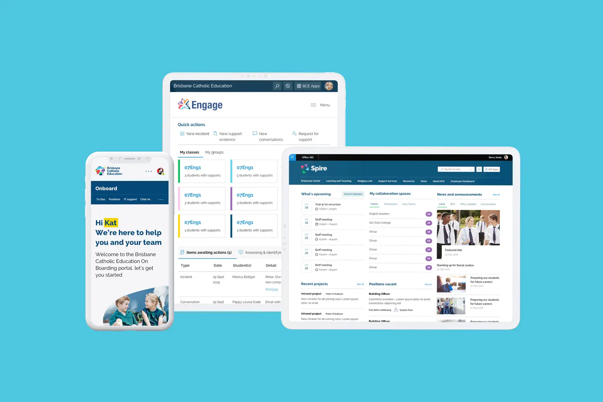 Mobile and tablet screens showing Brisbane Catholic Education digital products, including the Onboard portal, Engage dashboard and Spire collaboration interface.