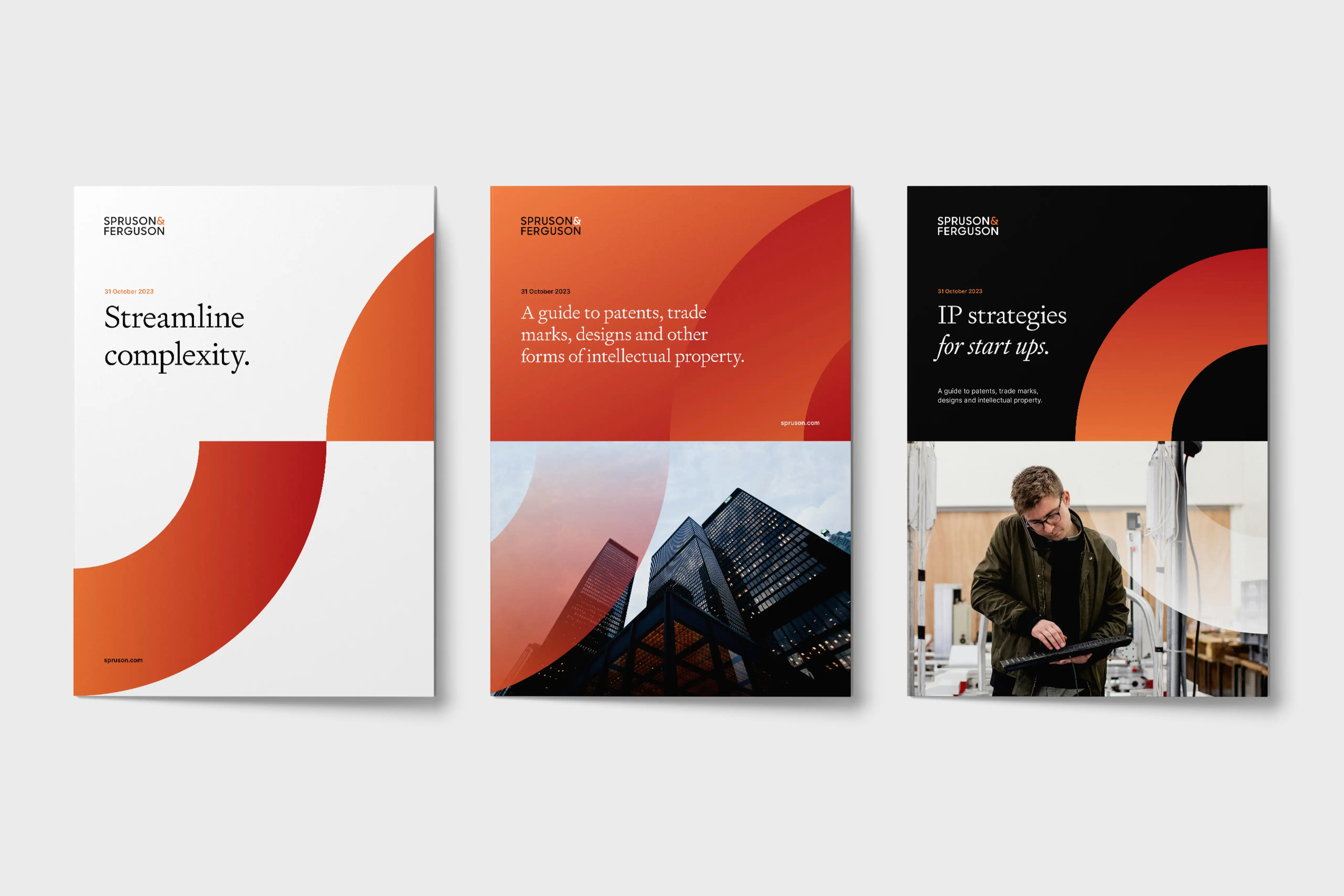 Three Spruson & Ferguson brochure covers featuring bold curved gradient graphics and minimalist serif headlines.