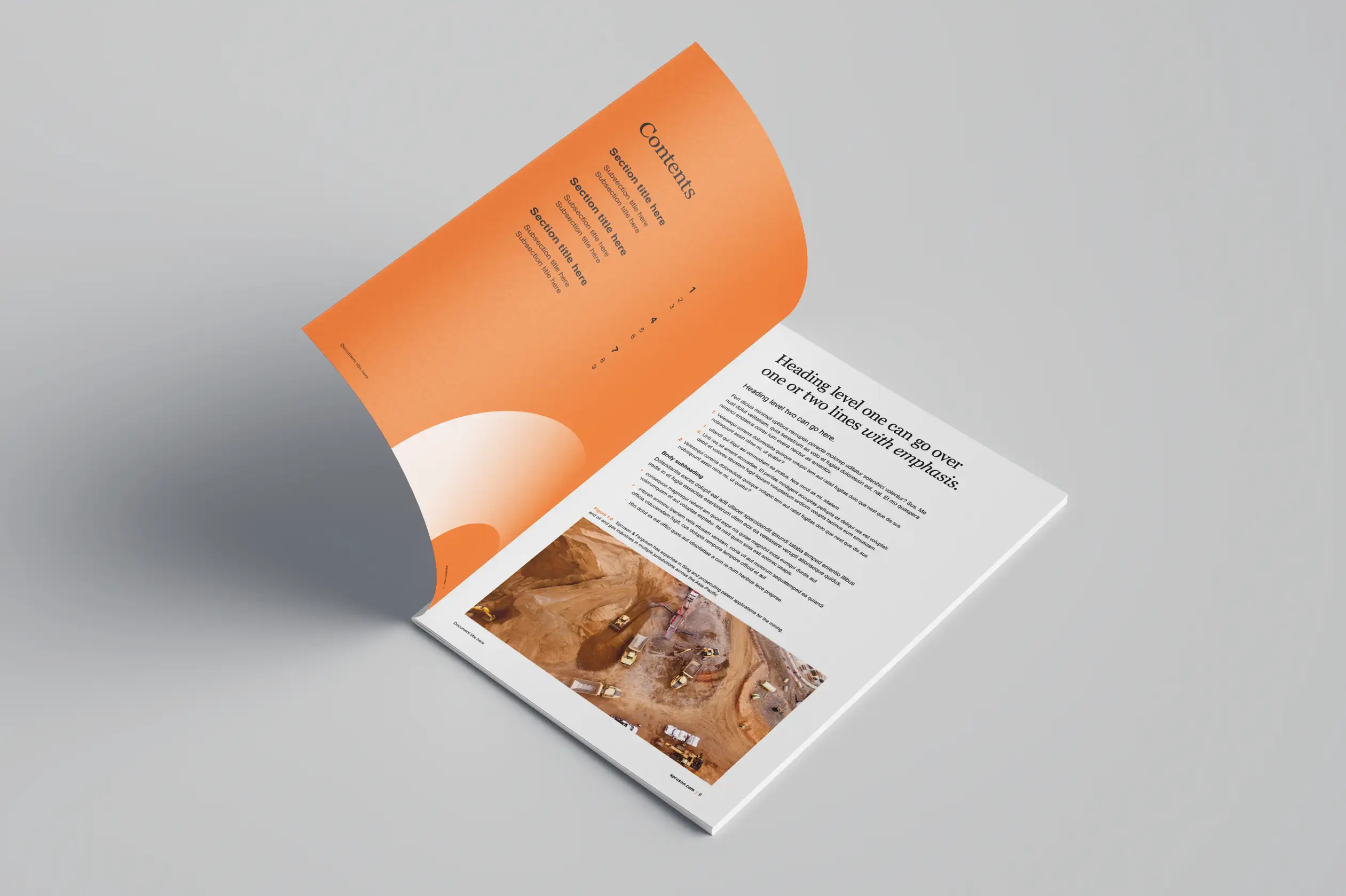 Open Spruson & Ferguson report showing an orange gradient contents page on the left and a text-heavy page with serif headings and a construction site image on the right.