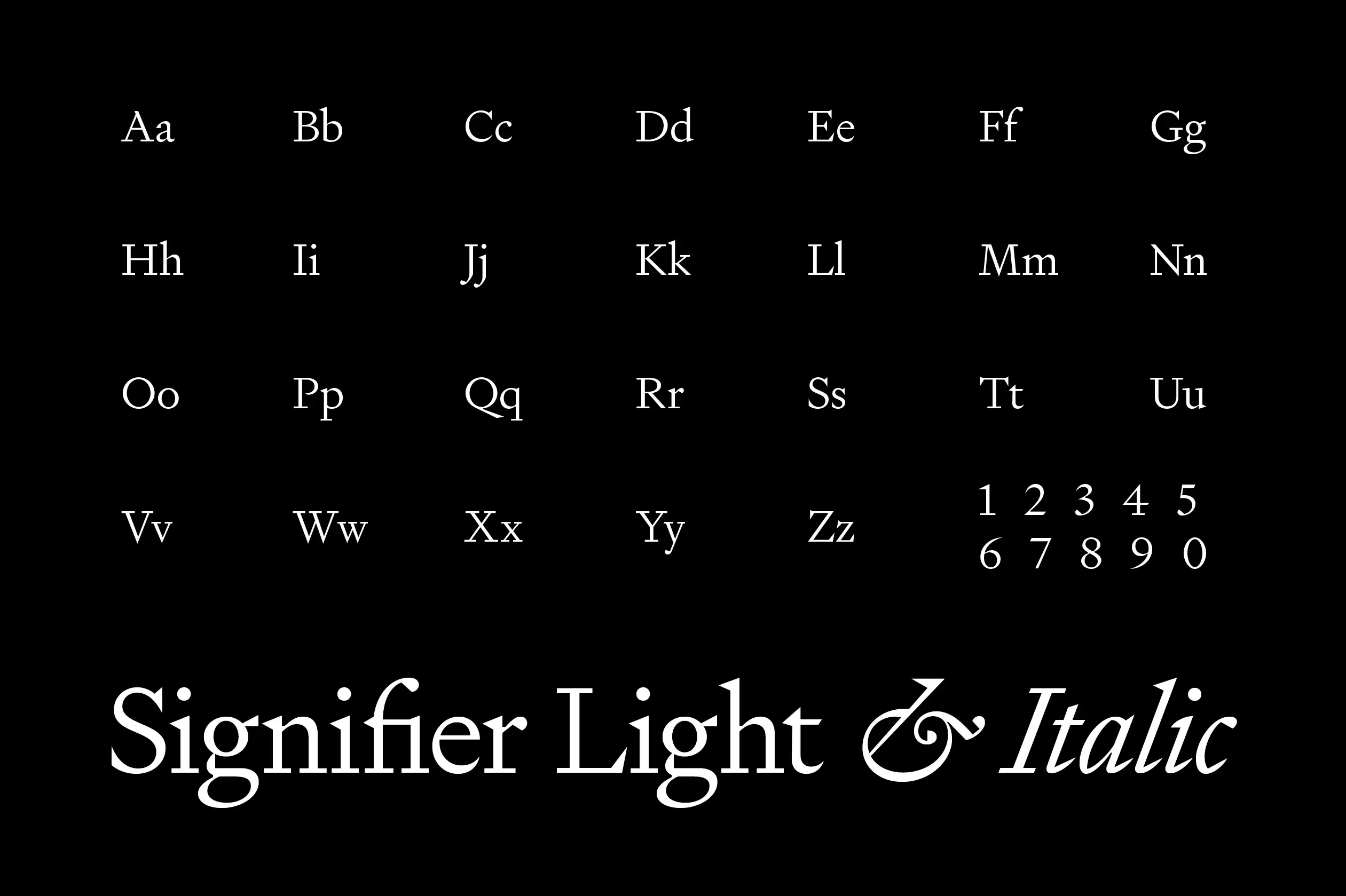 Signifier Light & Italic type specimen displayed on a black background, showing the full alphabet, numerals, and the typeface name.