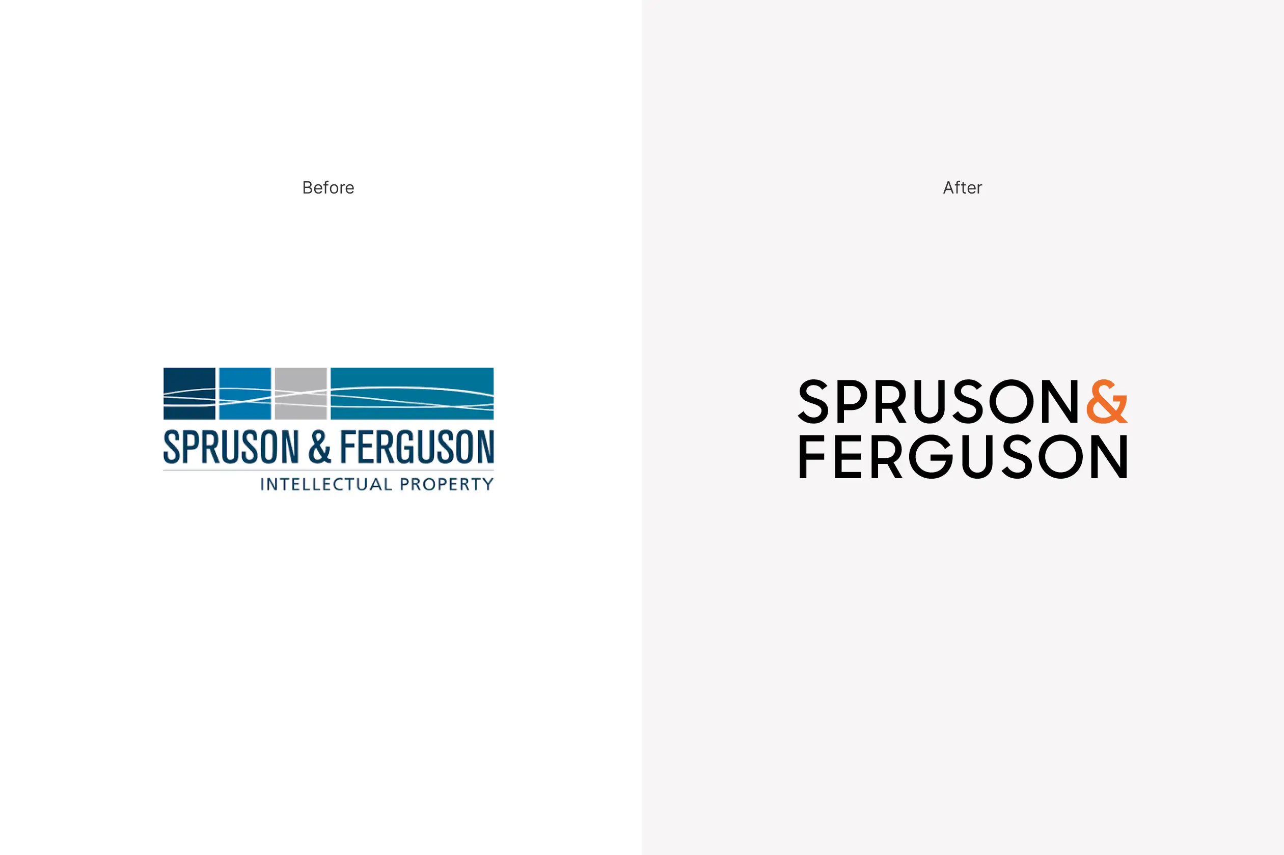 Side-by-side comparison of Spruson & Ferguson’s old logo and redesigned logo, highlighting the shift from a blue, grid-based mark to a modern black wordmark with an orange ampersand.