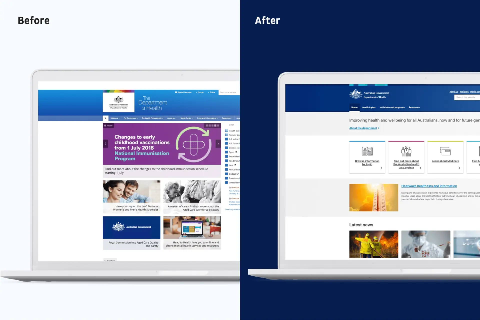 Side-by-side comparison of the Australian Government Department of Health website before and after a redesign.