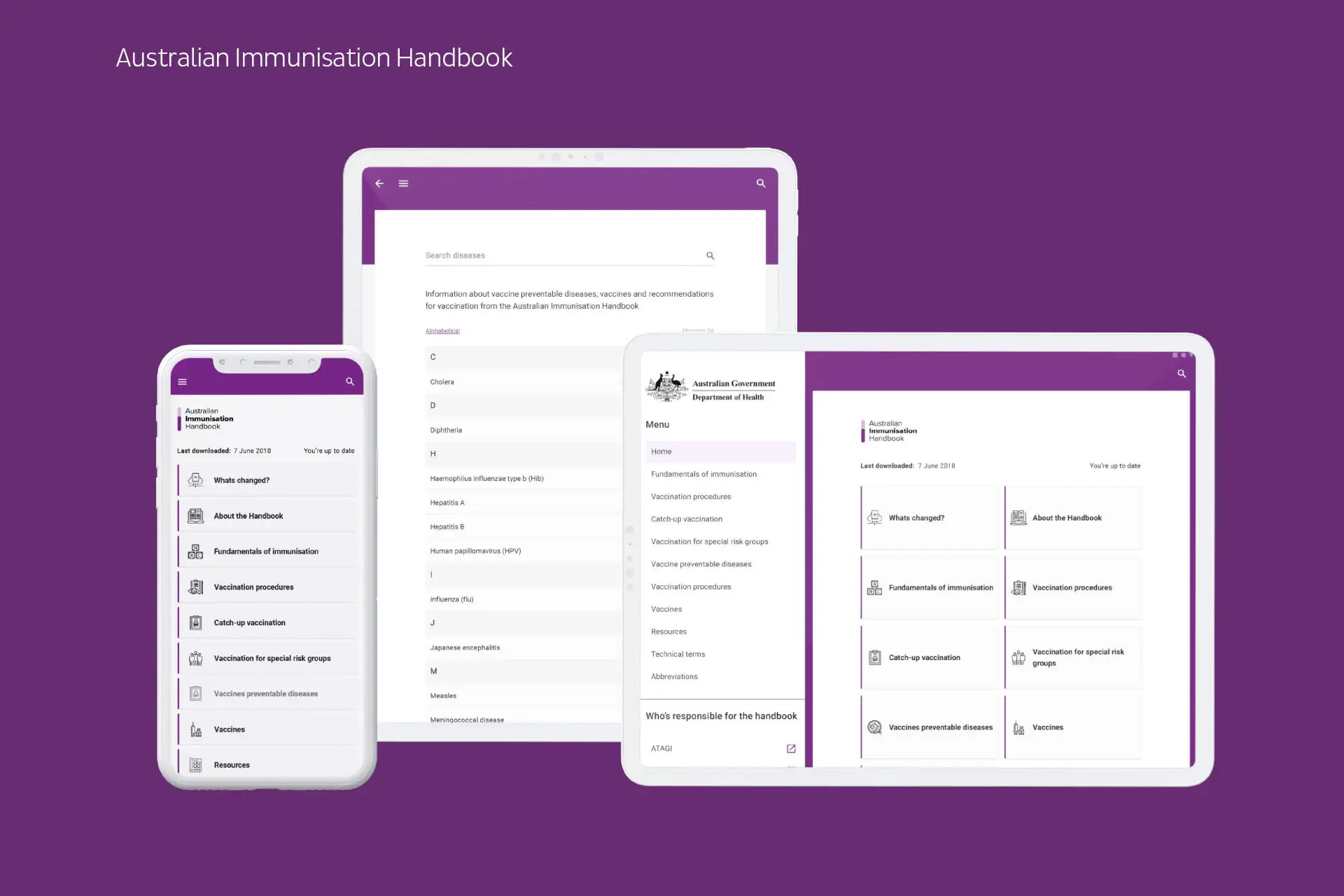Screens of the Australian Immunisation Handbook displayed on a smartphone and tablet.