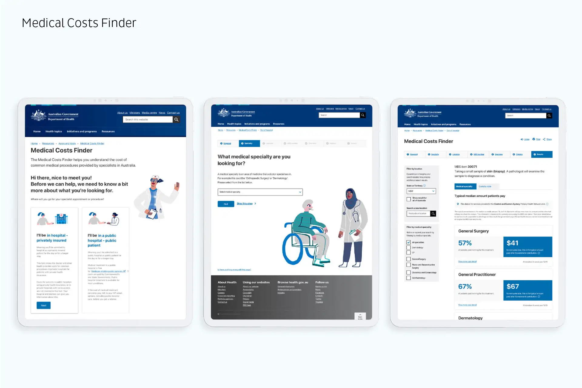 Three tablet screens displaying the Australian Government Department of Health Medical Costs Finder tool.