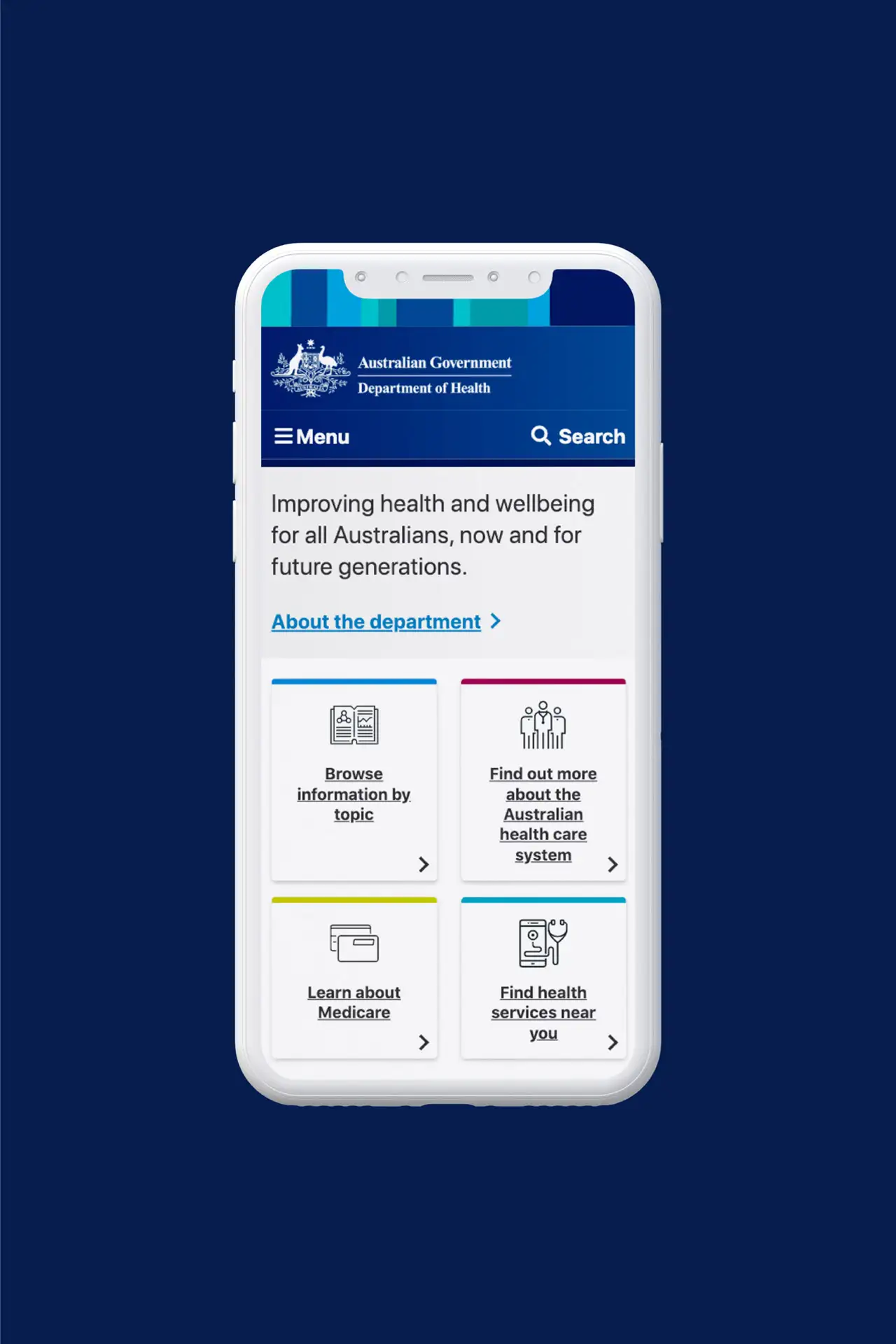 Smartphone displaying the Australian Government Department of Health website homepage.