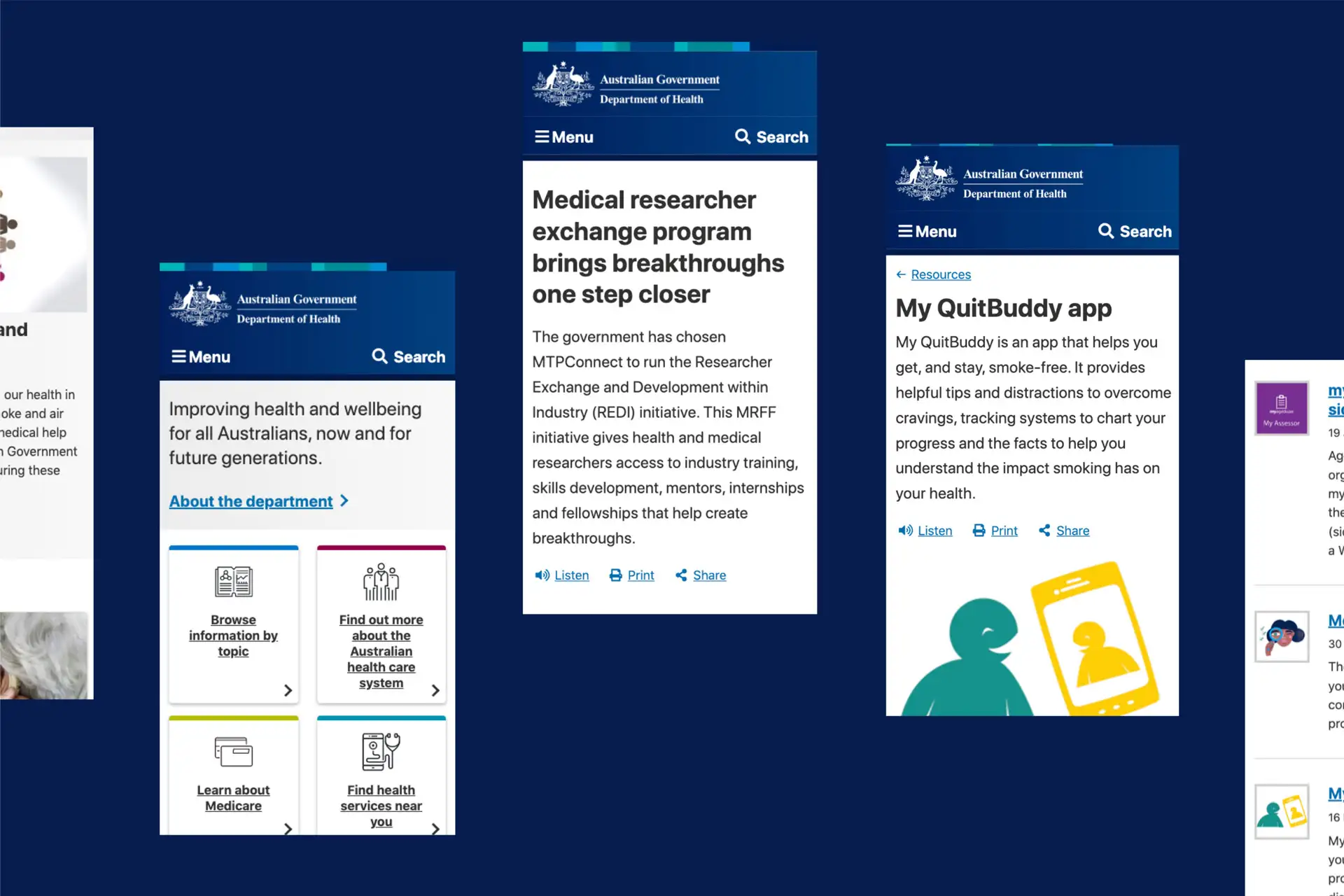 Screenshots of the various pages of the Australian Government Department of Health website.