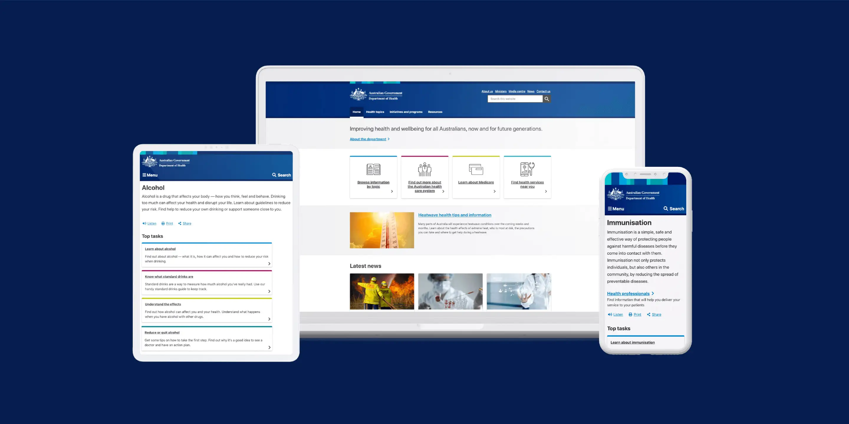 Screens showing the Australian Government Department of Health website on a tablet, laptop, and mobile phone.