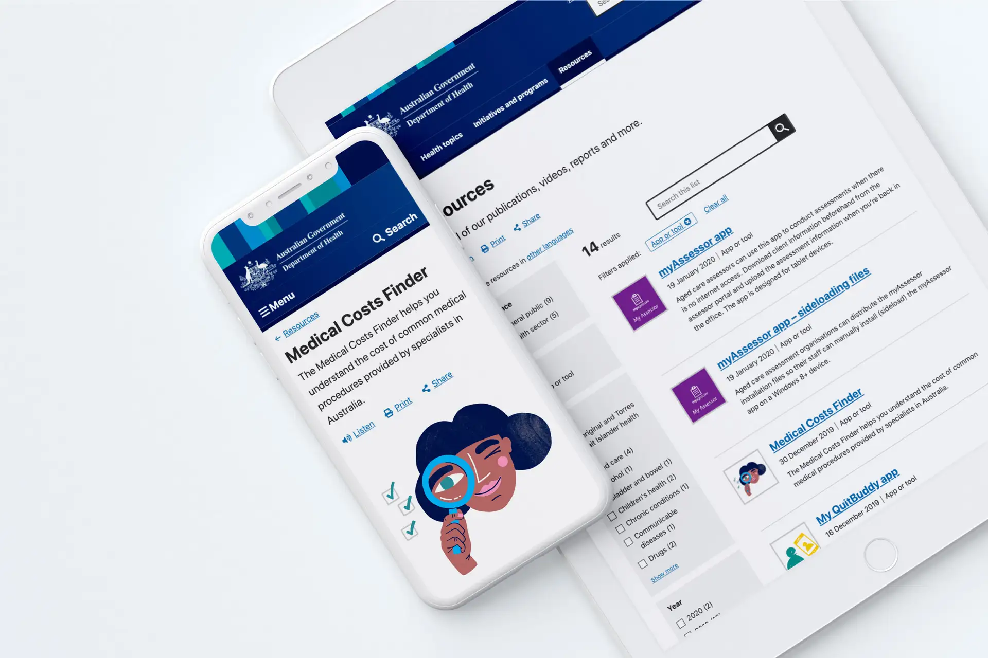 Smartphone and tablet displaying the Australian Government Department of Health website with Medical Costs Finder and resource listings.