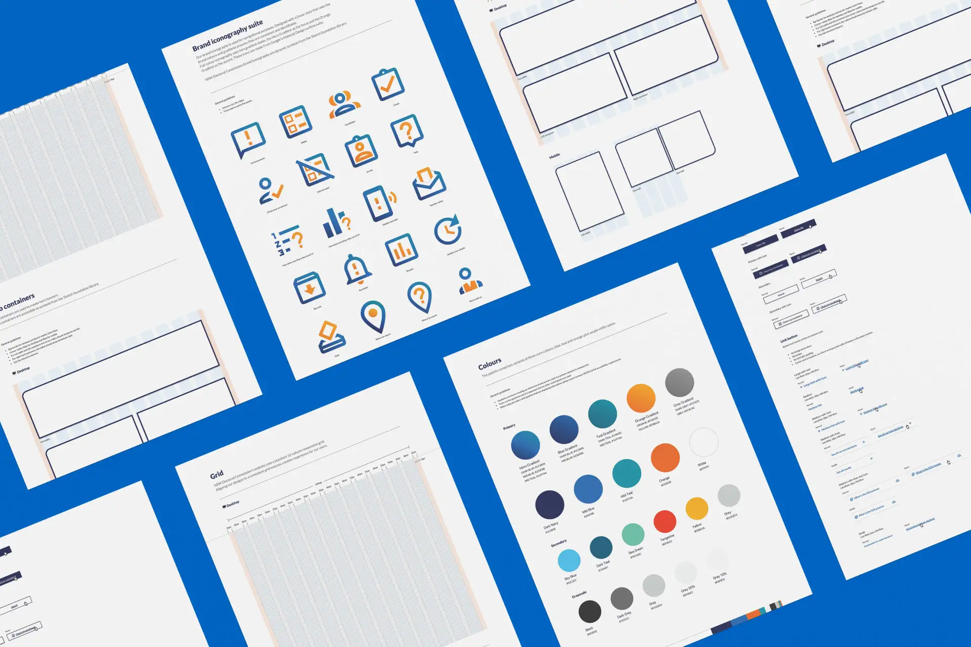 Pages of a digital brand guideline spread out showing iconography, colour palettes, grid layouts, and UI components.