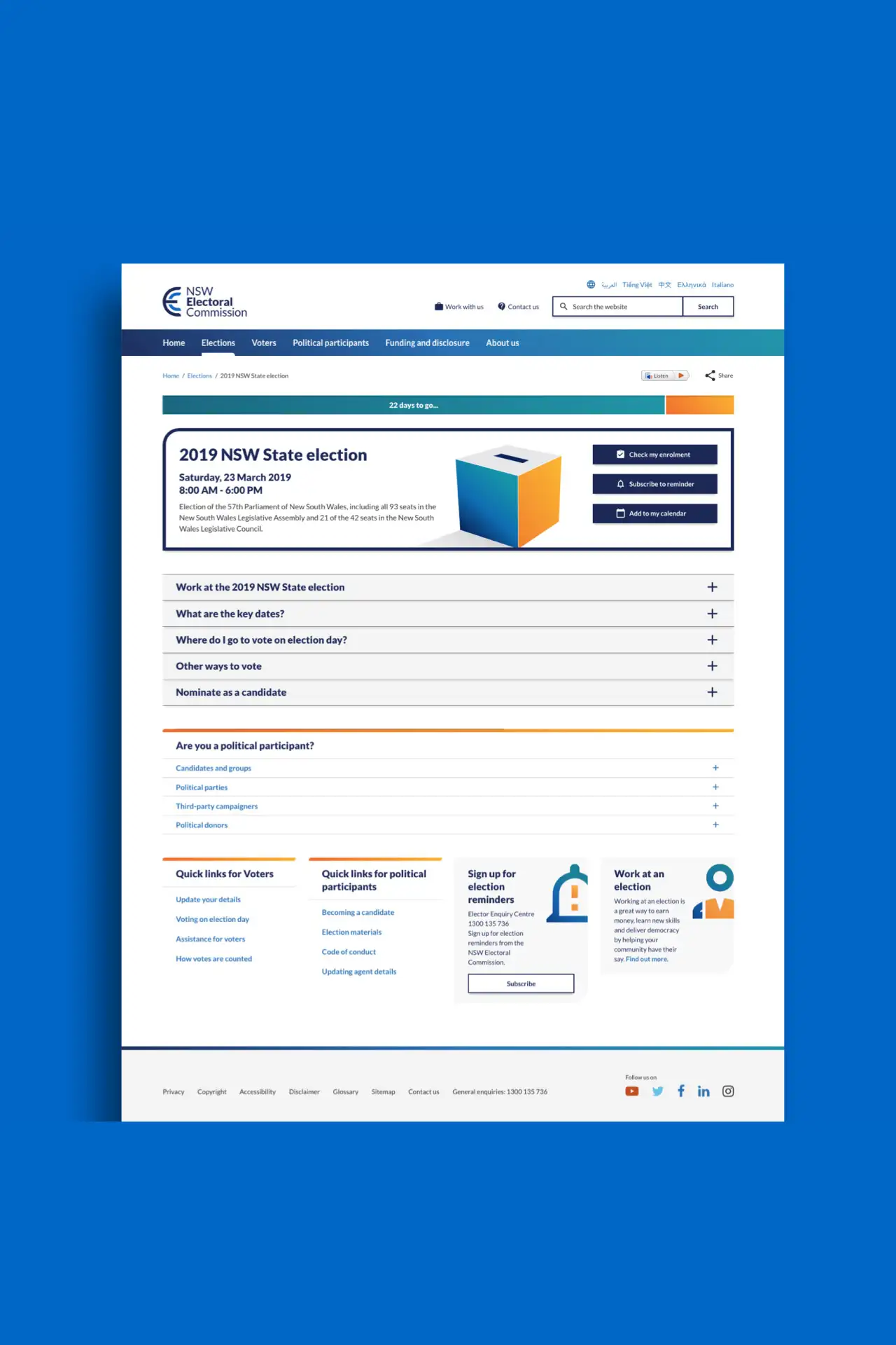 NSW Electoral Commission webpage showing details and links for the 2019 NSW State election.