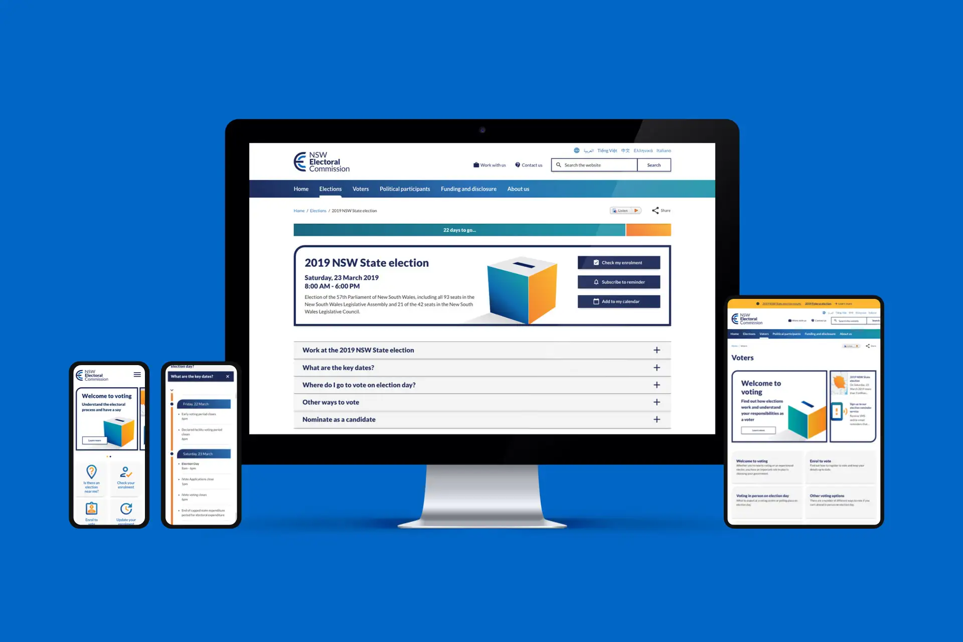 Screens showing NSW Electoral Commission website pages on desktop, tablet, and mobile devices.