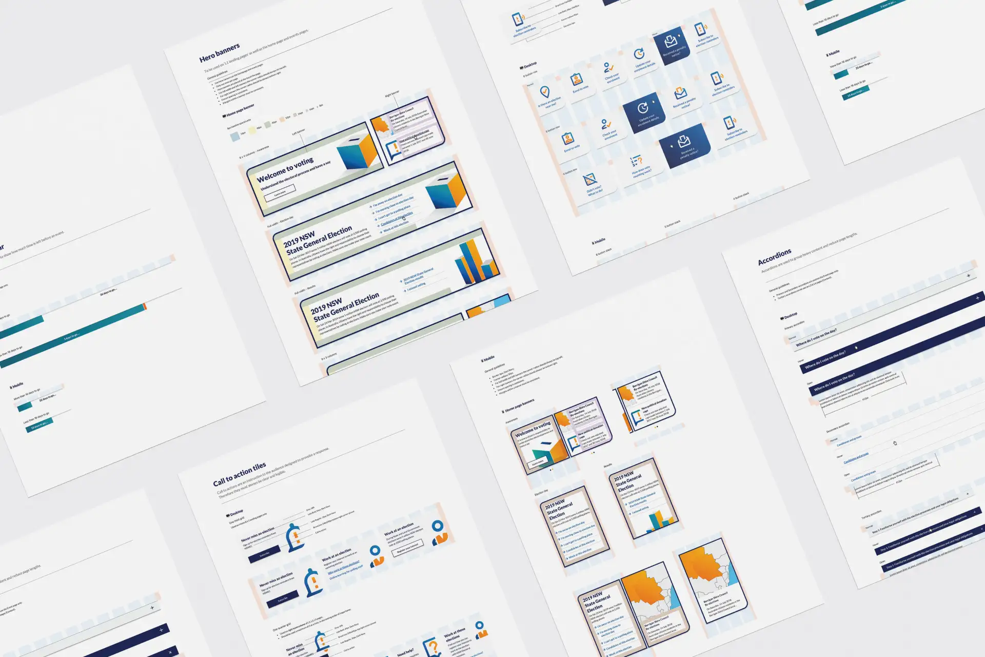 Overhead view of multiple angled printout pages featuring design layouts, banners, call-to-action tiles, and accordion UI components.